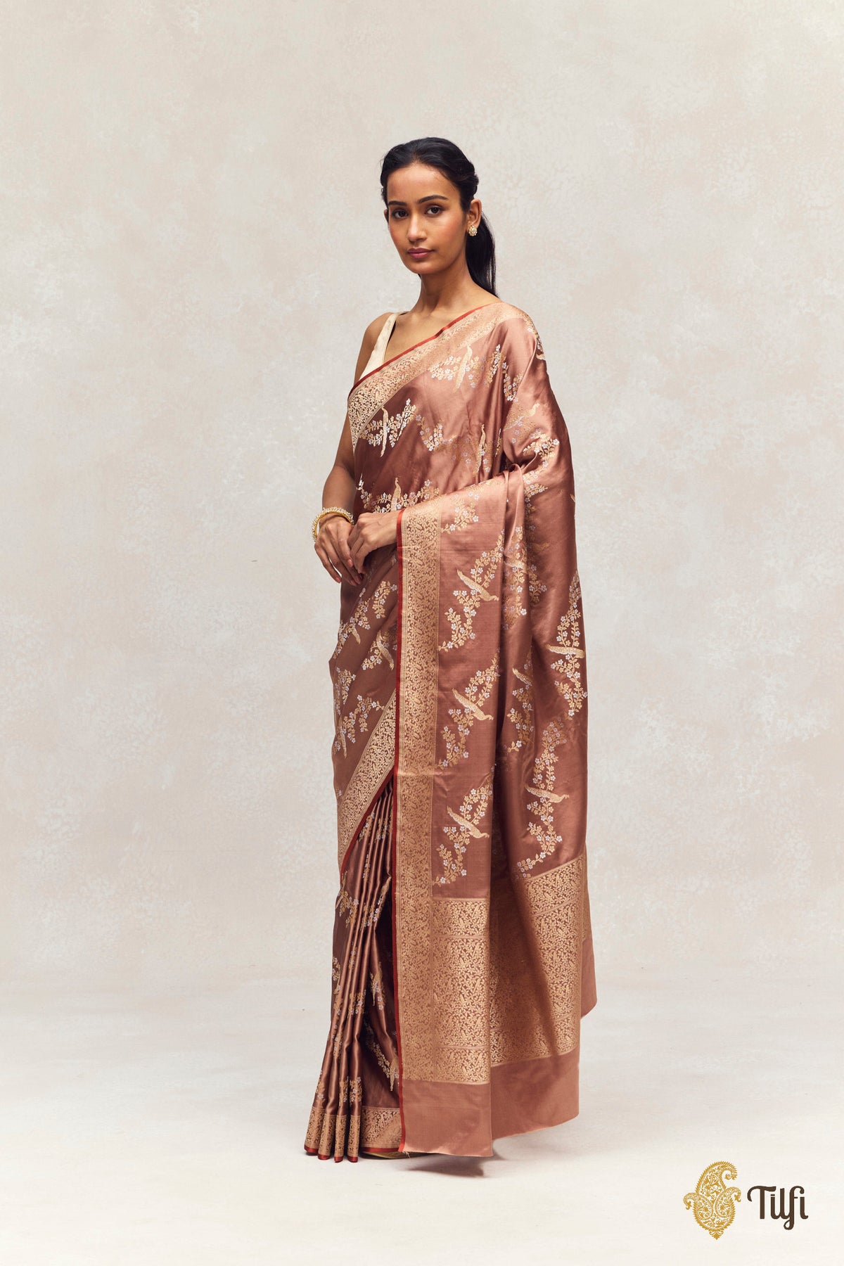 'Mayura Valli' Brown Pure Satin Silk Banarasi Handloom Saree