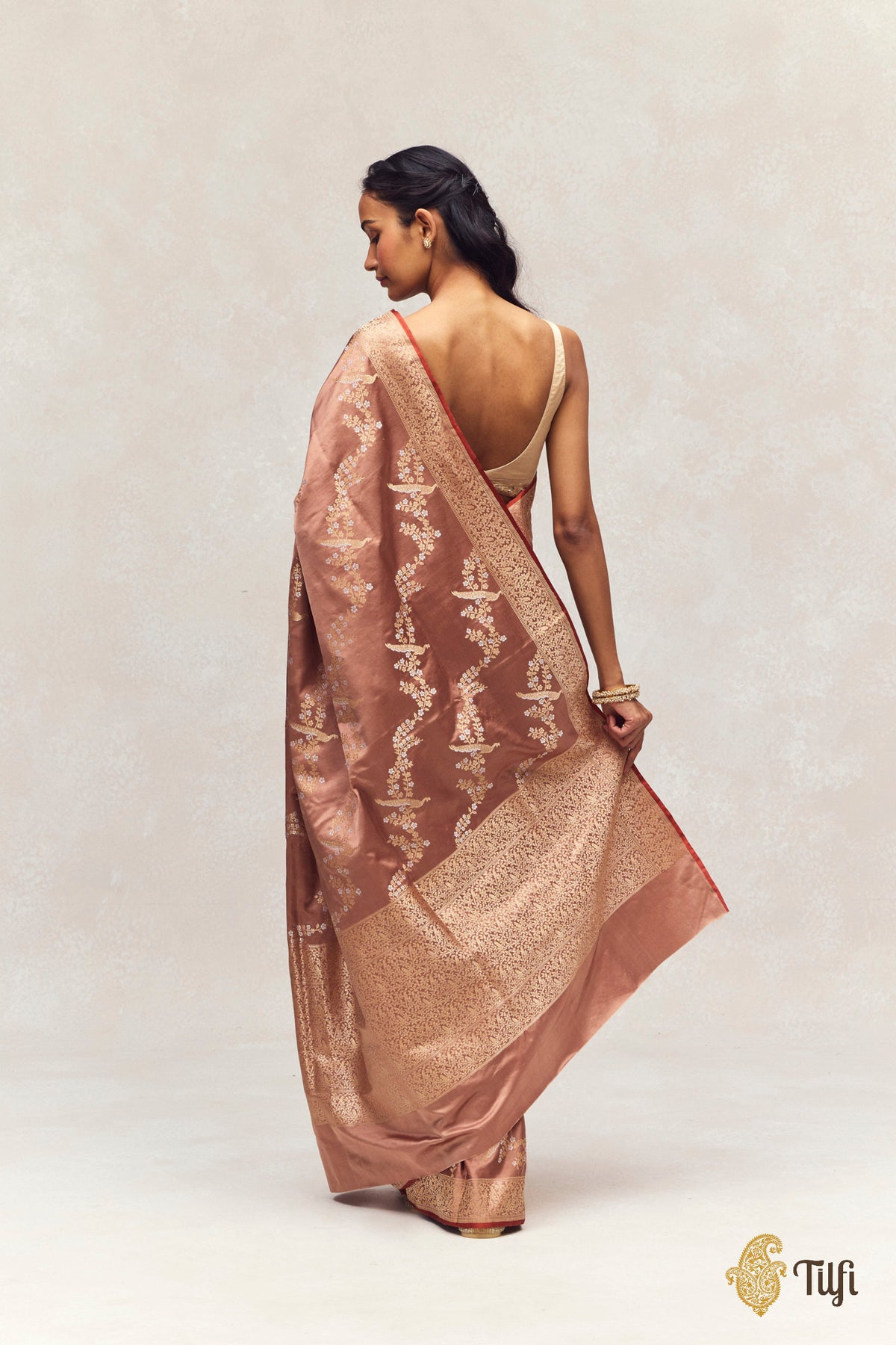 'Mayura Valli' Brown Pure Satin Silk Banarasi Handloom Saree