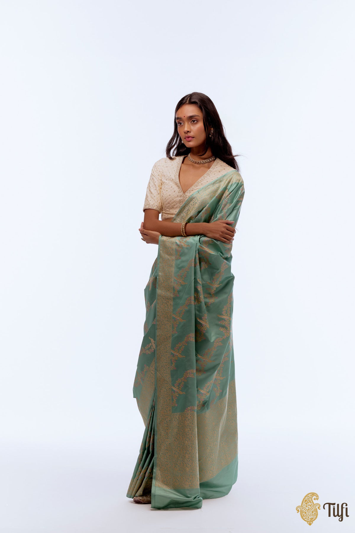 Pre-Order: &#39;Mayura Valli&#39; Sea Green Pure Satin Silk Banarasi Handloom Saree