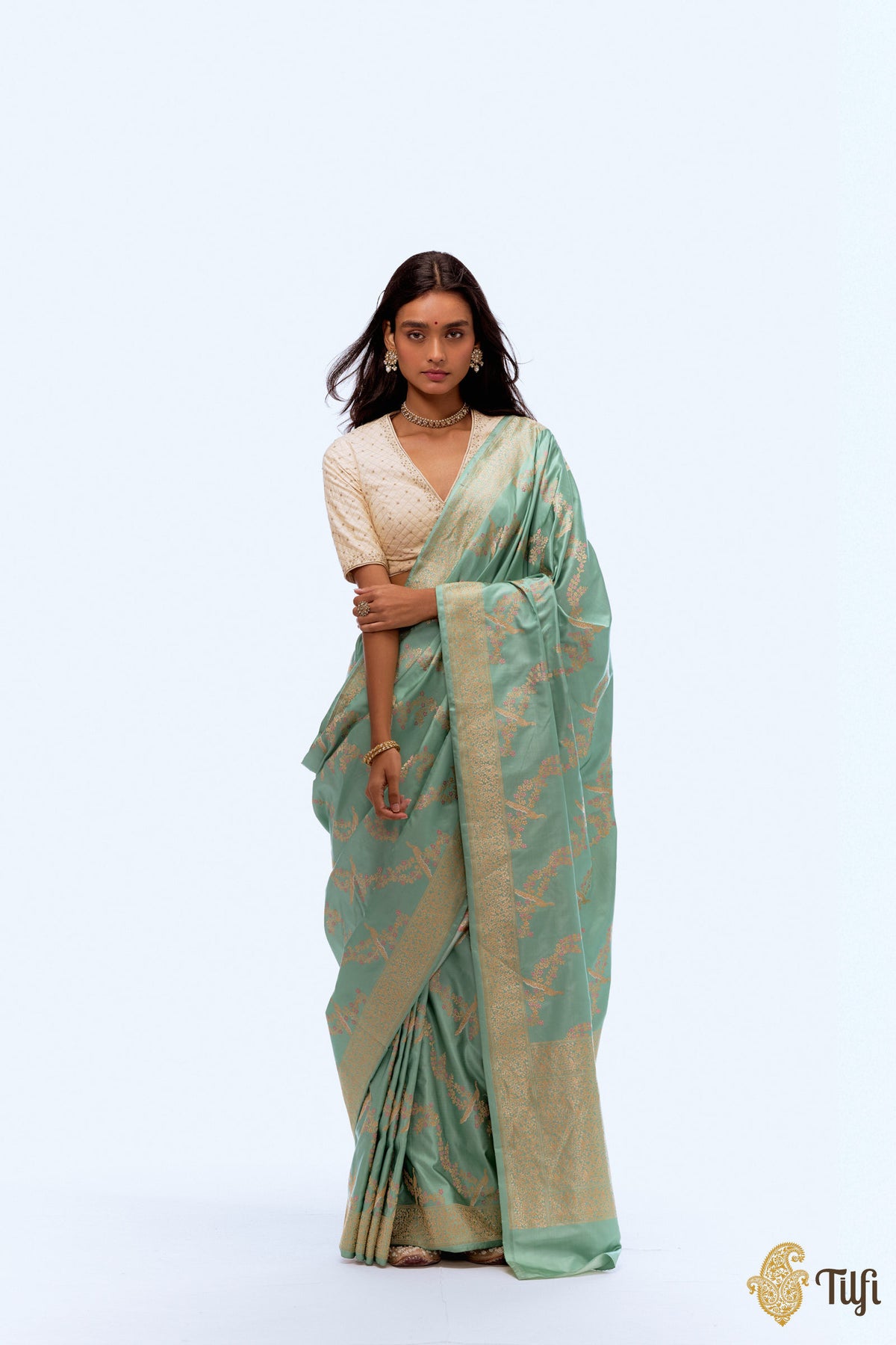 Pre-Order: &#39;Mayura Valli&#39; Sea Green Pure Satin Silk Banarasi Handloom Saree