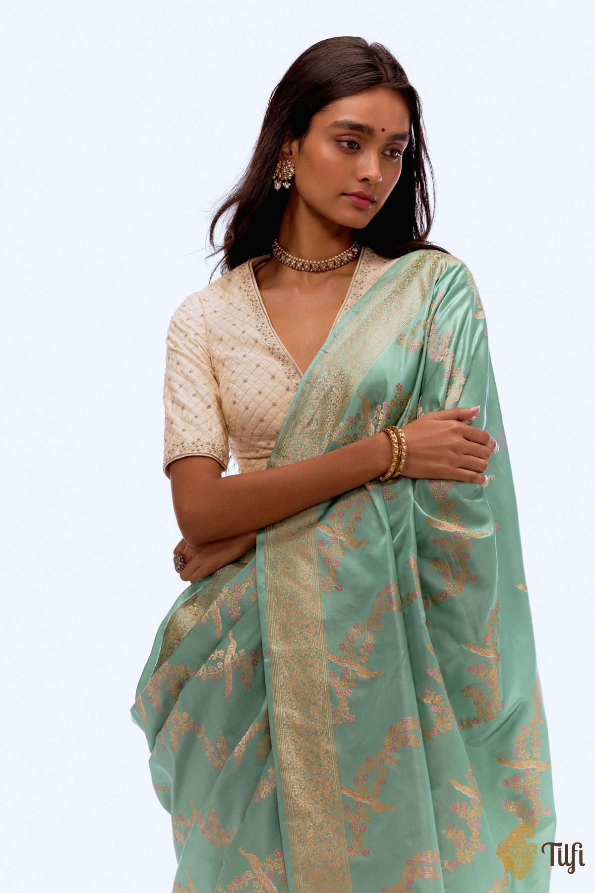 Pre-Order: &#39;Mayura Valli&#39; Sea Green Pure Satin Silk Banarasi Handloom Saree