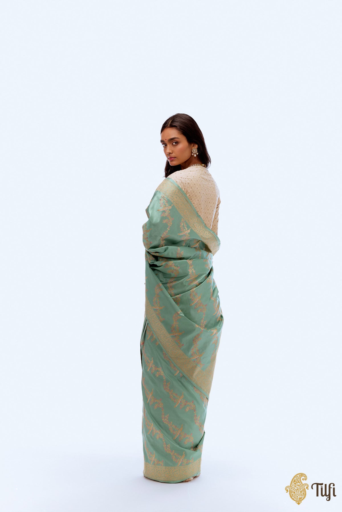 Pre-Order: &#39;Mayura Valli&#39; Sea Green Pure Satin Silk Banarasi Handloom Saree