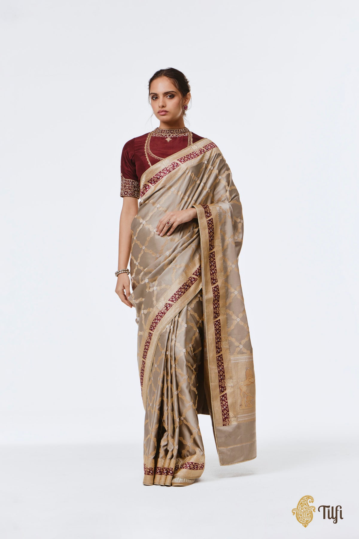 Pre-Order: 'Tillotama' Taupe-Grey Pure Satin Silk Banarasi Handloom Saree