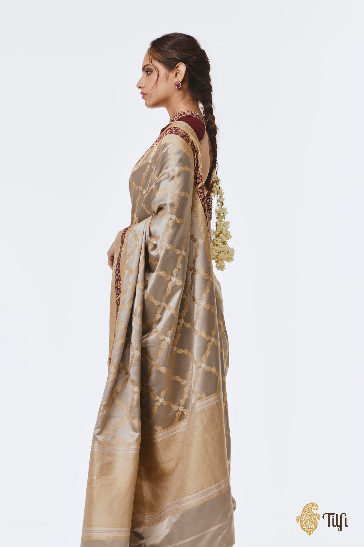 Pre-Order: 'Tillotama' Taupe-Grey Pure Satin Silk Banarasi Handloom Saree