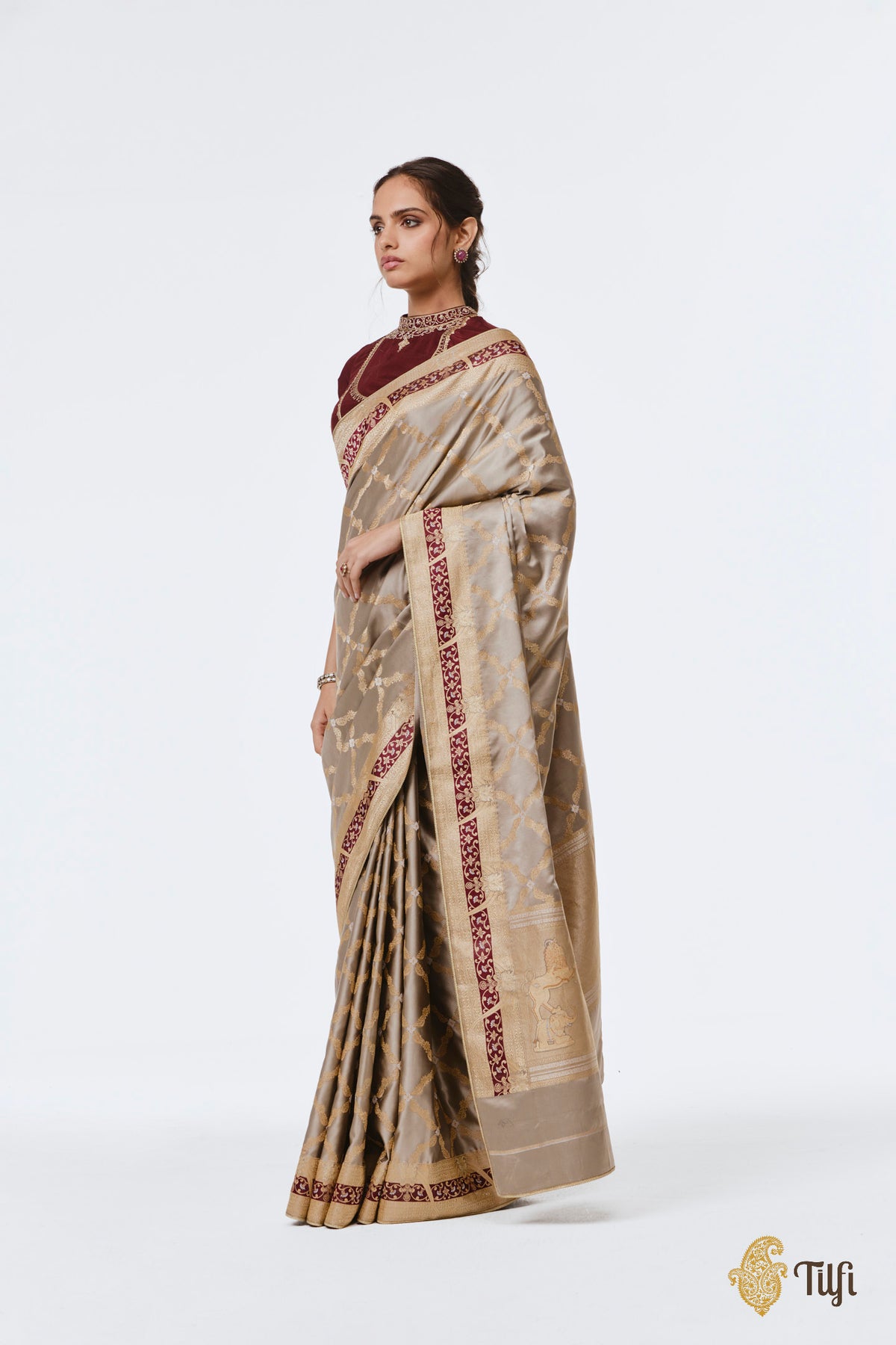 Pre-Order: 'Tillotama' Taupe-Grey Pure Satin Silk Banarasi Handloom Saree