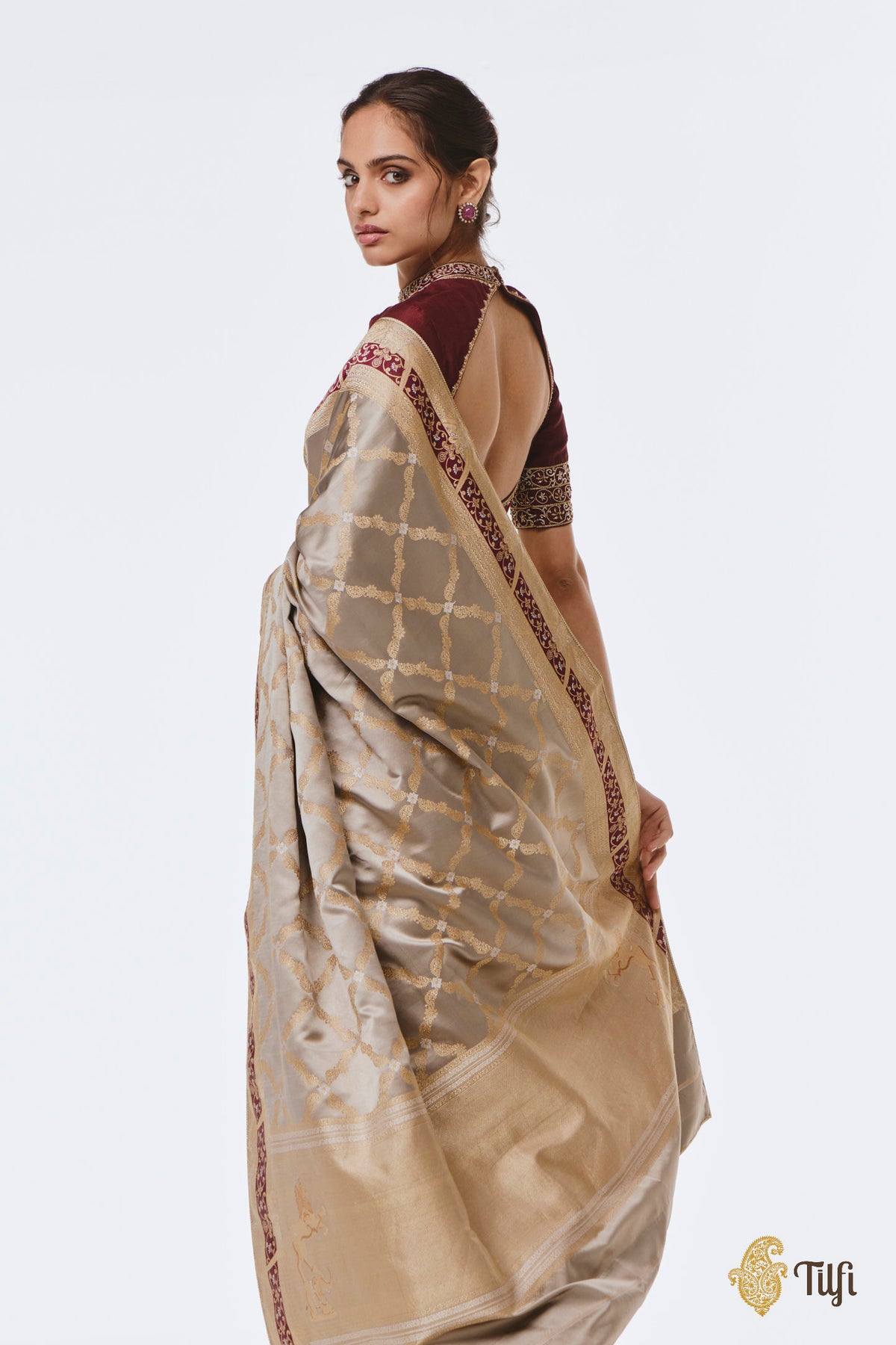 Pre-Order: 'Tillotama' Taupe-Grey Pure Satin Silk Banarasi Handloom Saree