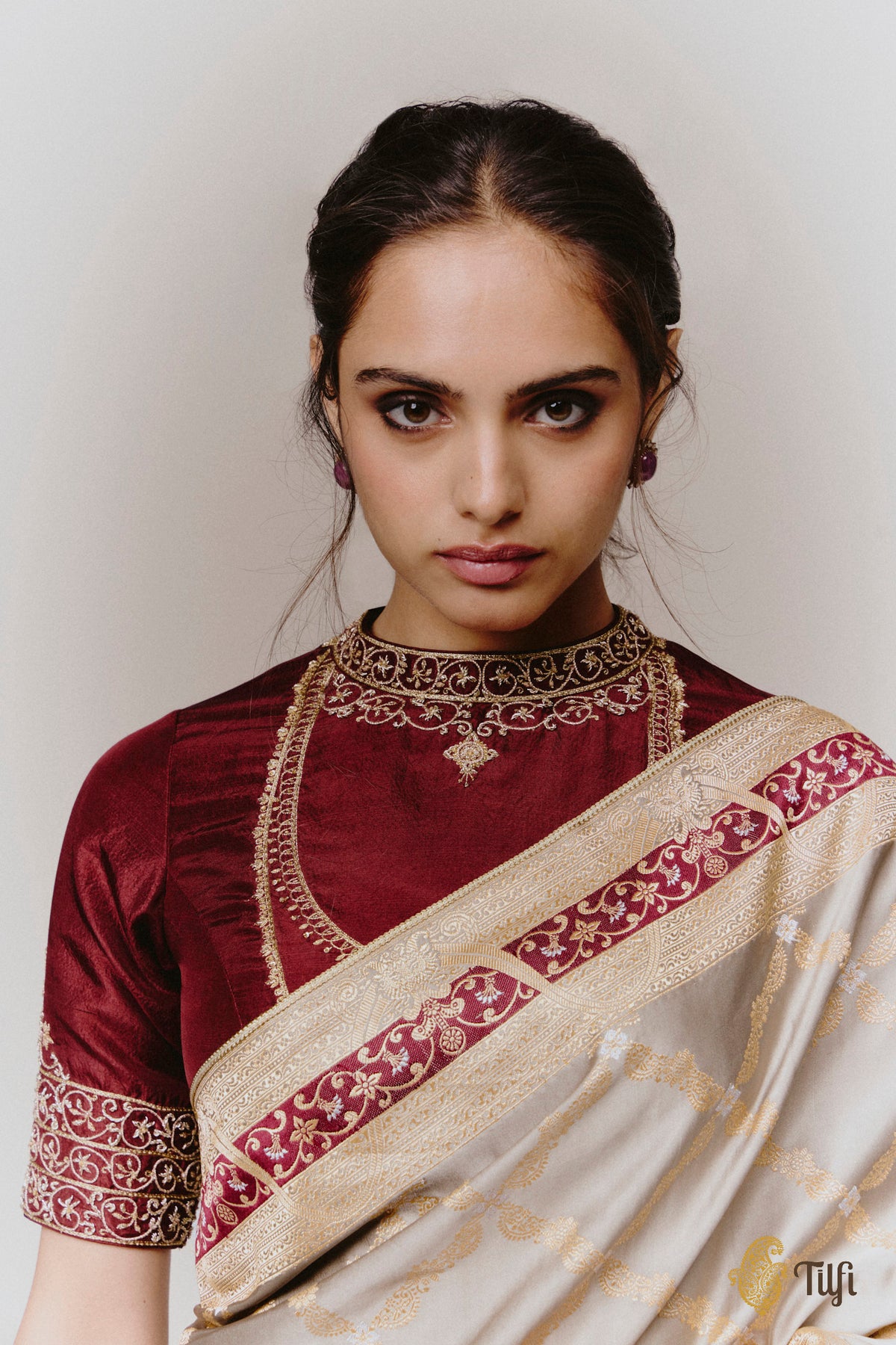 Pre-Order: 'Tillotama' Taupe-Grey Pure Satin Silk Banarasi Handloom Saree