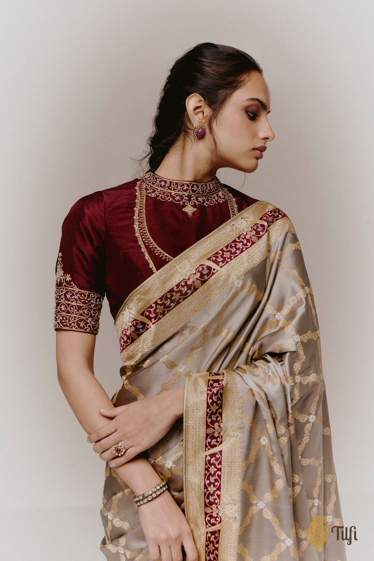 Pre-Order: 'Tillotama' Taupe-Grey Pure Satin Silk Banarasi Handloom Saree