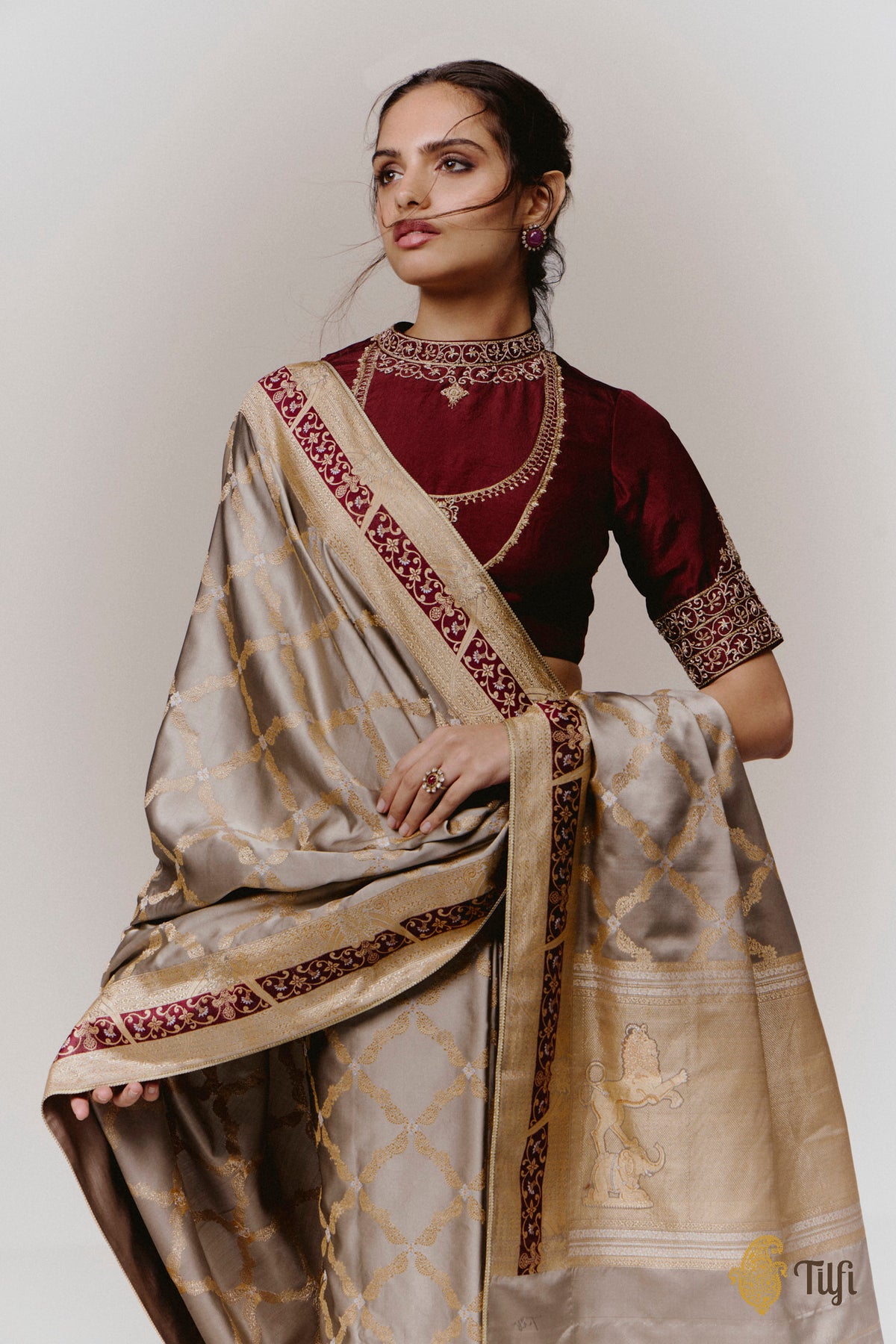 Pre-Order: 'Tillotama' Taupe-Grey Pure Satin Silk Banarasi Handloom Saree