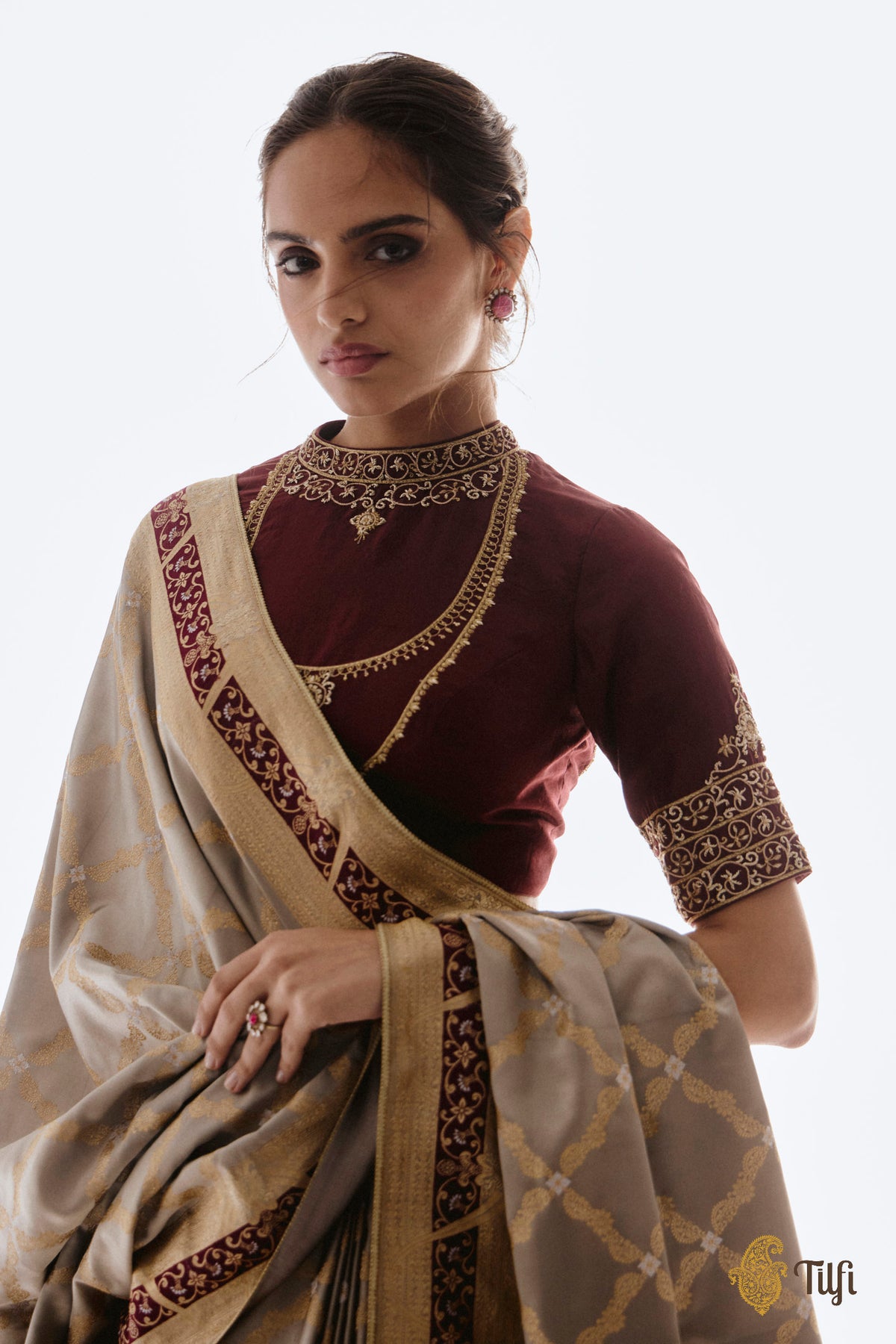 Pre-Order: 'Tillotama' Taupe-Grey Pure Satin Silk Banarasi Handloom Saree