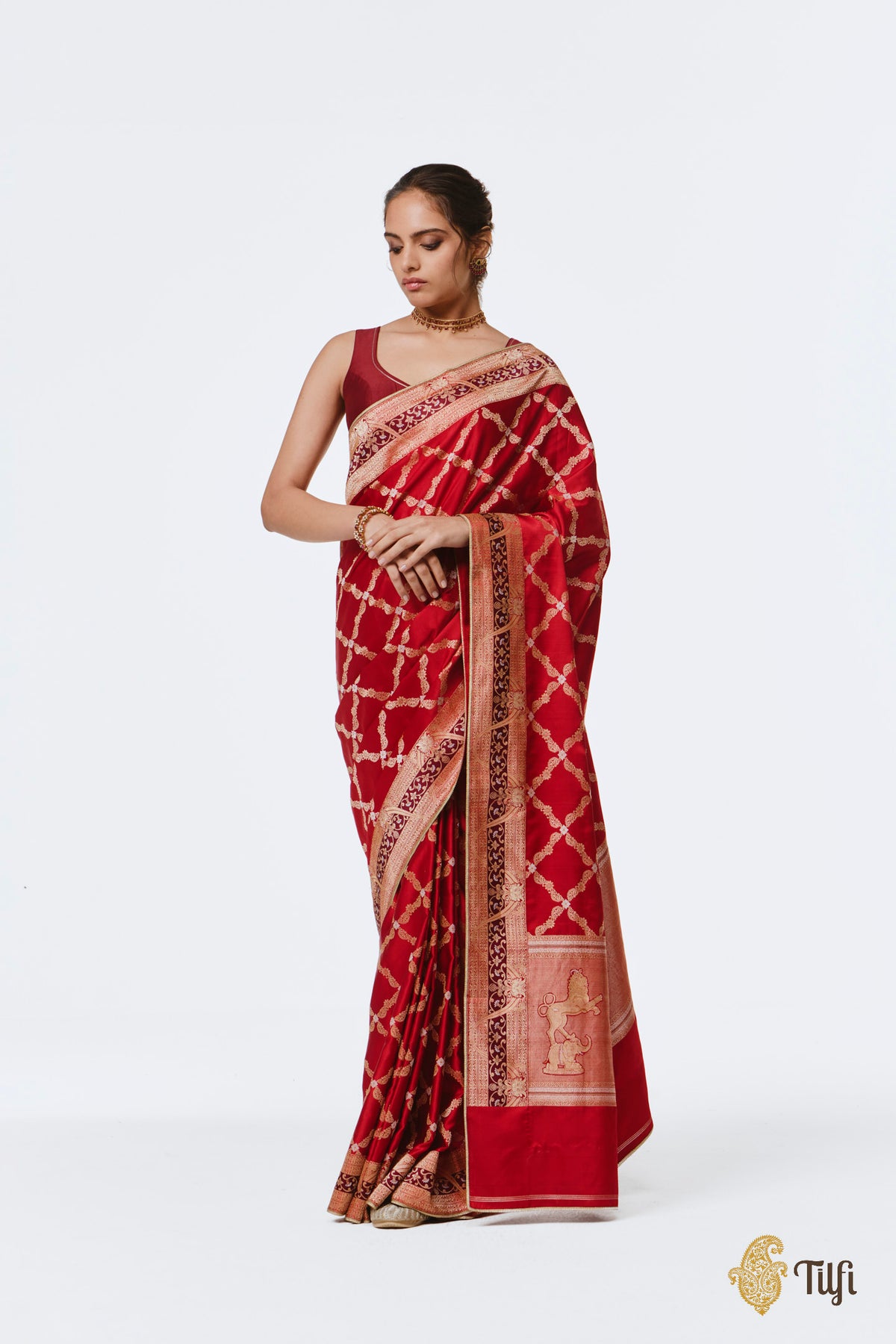 Pre-Order: 'Tillotama' Red Pure Satin Silk Banarasi Handloom Saree
