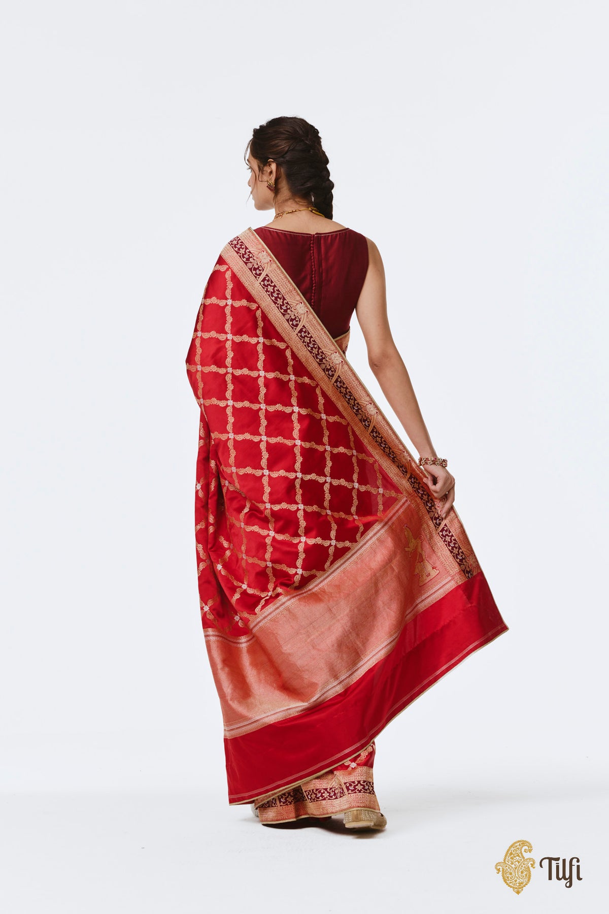 Pre-Order: 'Tillotama' Red Pure Satin Silk Banarasi Handloom Saree