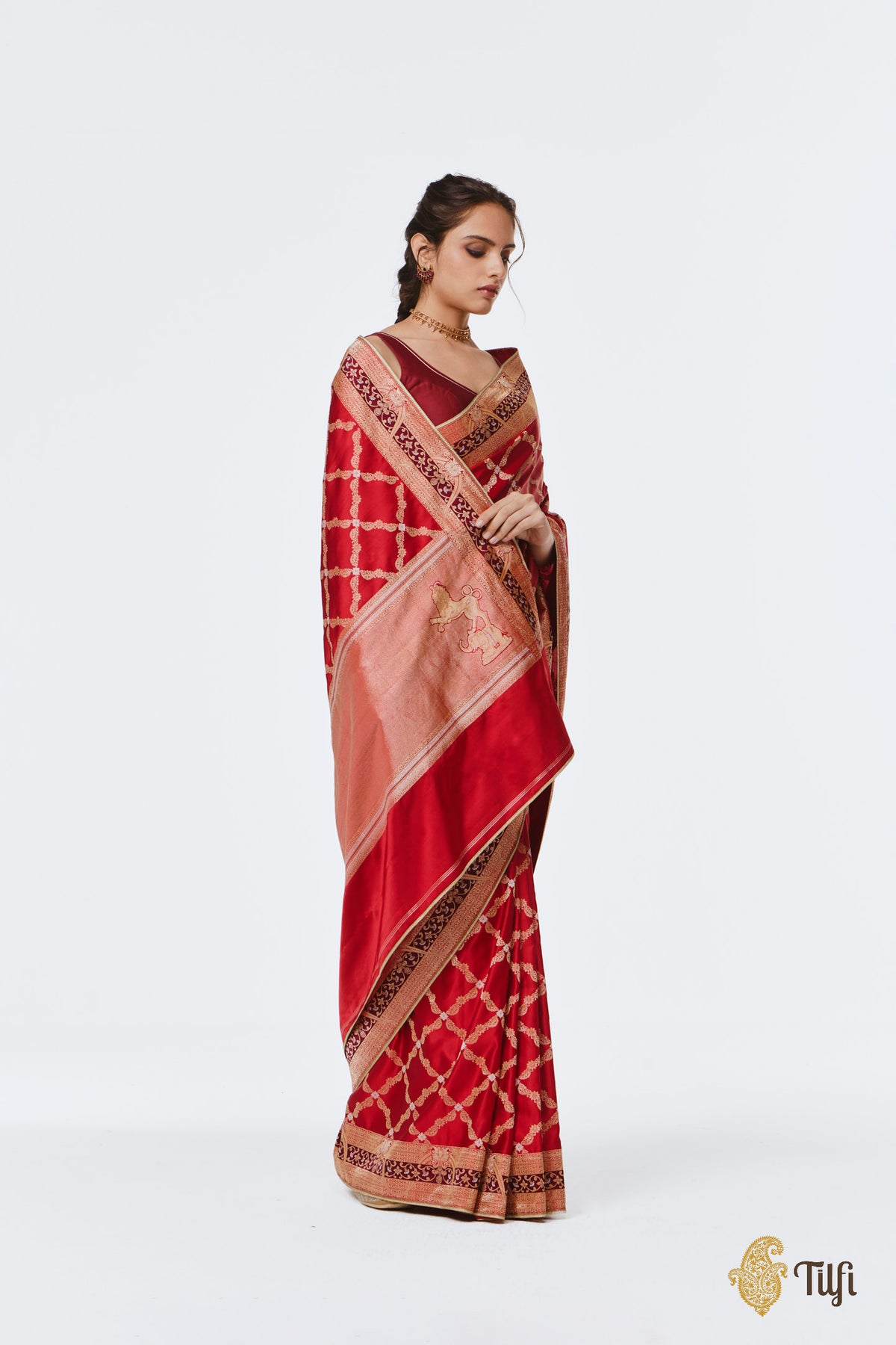 Pre-Order: 'Tillotama' Red Pure Satin Silk Banarasi Handloom Saree