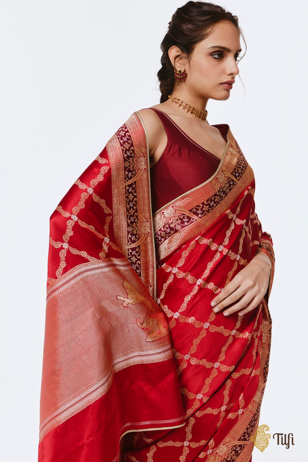 Pre-Order: 'Tillotama' Red Pure Satin Silk Banarasi Handloom Saree