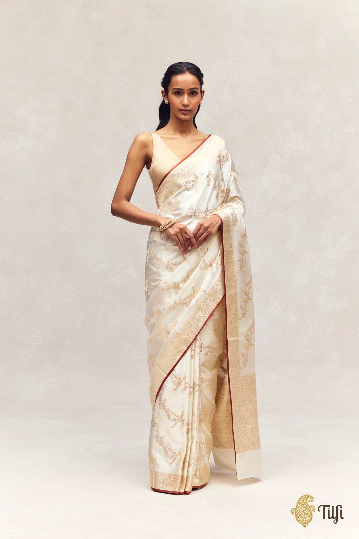 'Mayura Valli' Off-White Pure Satin Silk Banarasi Handloom Saree