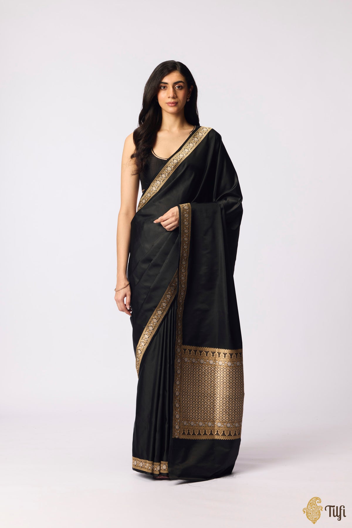Pre-Order: 'Maya' Black Pure Soft Satin Silk Banarasi Handloom Saree