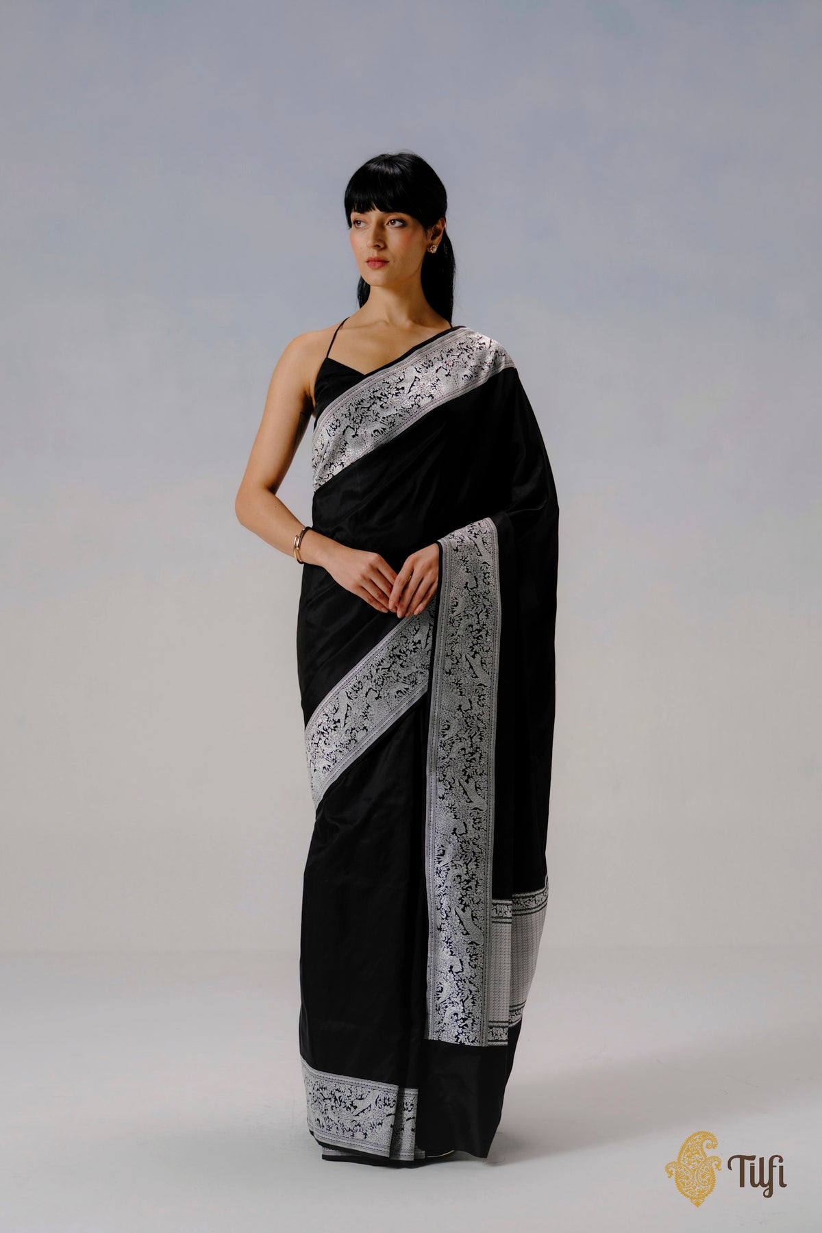 'The Canopy' Black Pure Katan Silk Banarasi Shikargah Handloom Saree