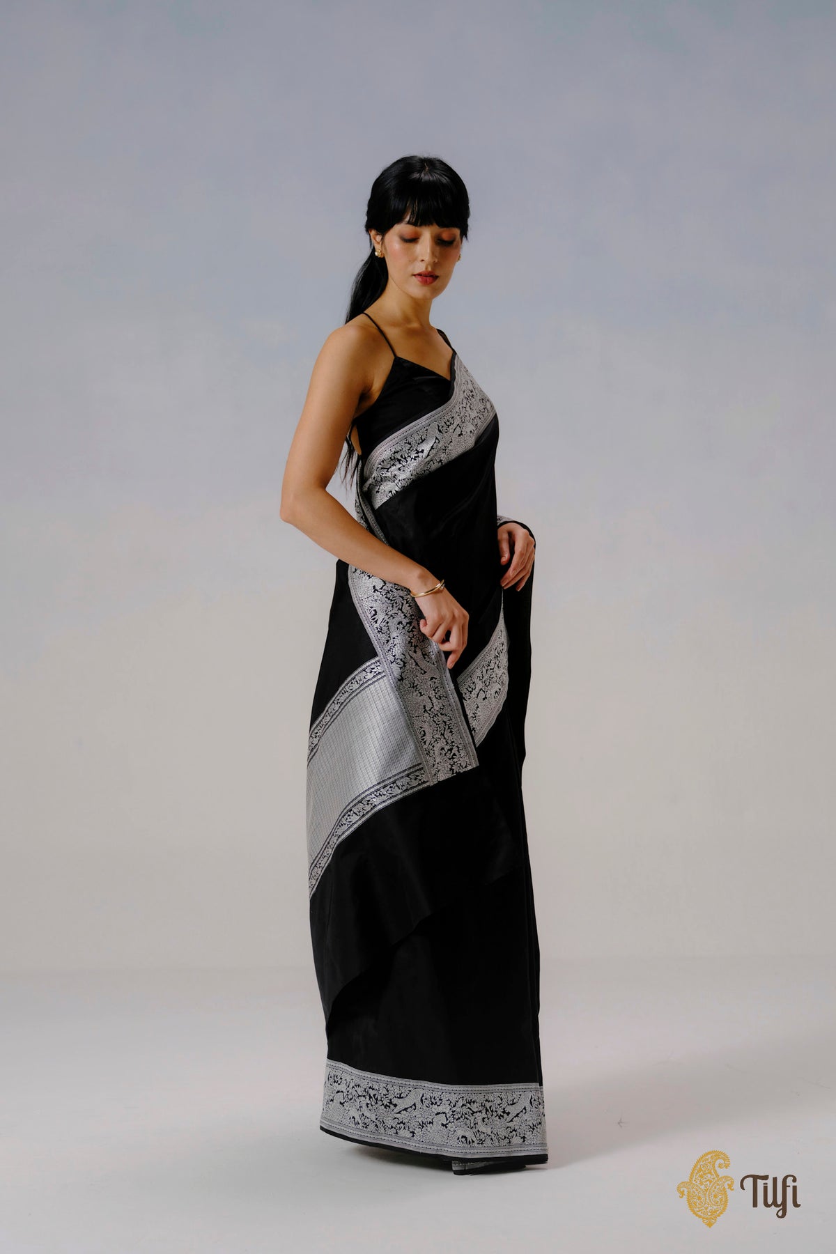 'The Canopy' Black Pure Katan Silk Banarasi Shikargah Handloom Saree
