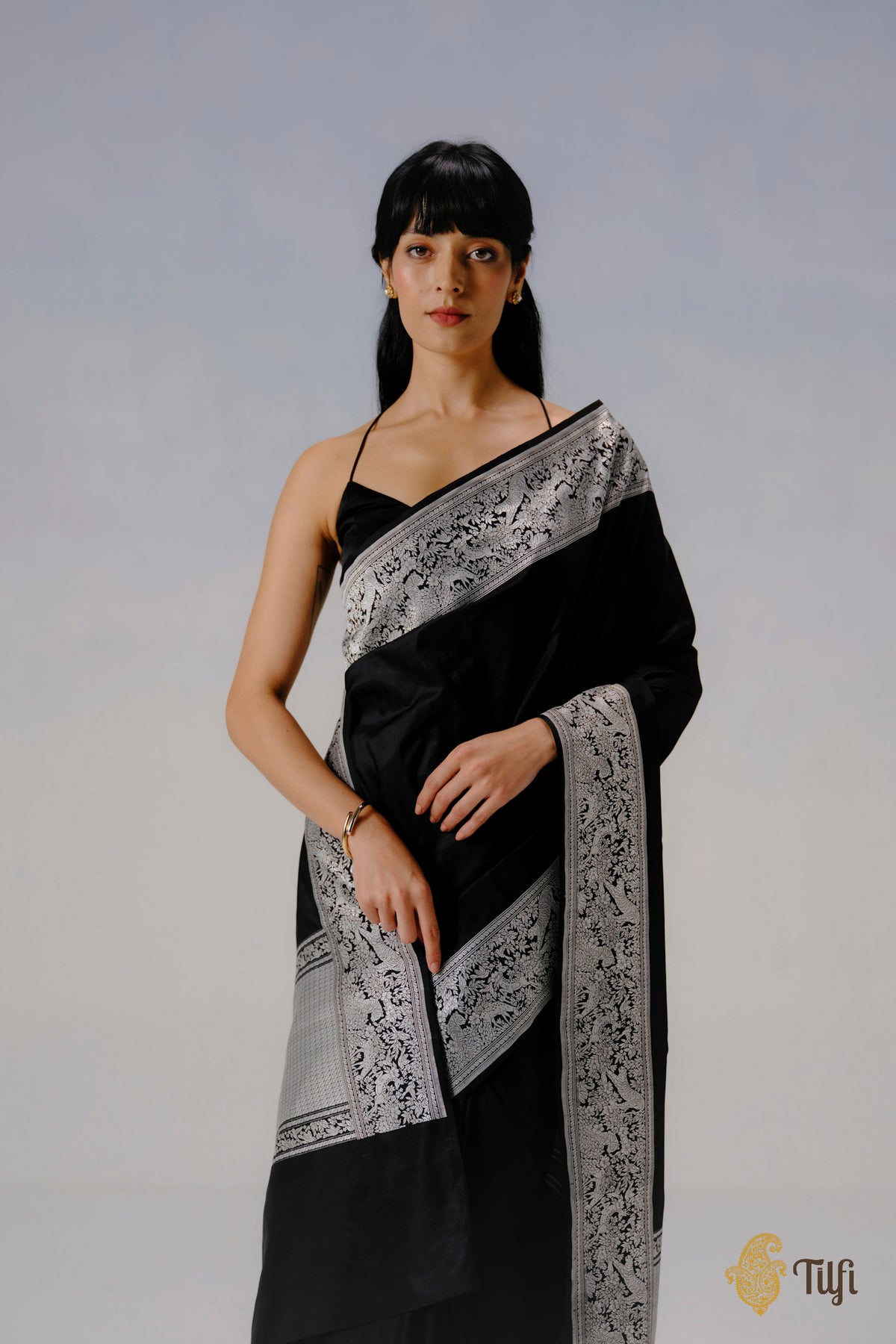 'The Canopy' Black Pure Katan Silk Banarasi Shikargah Handloom Saree