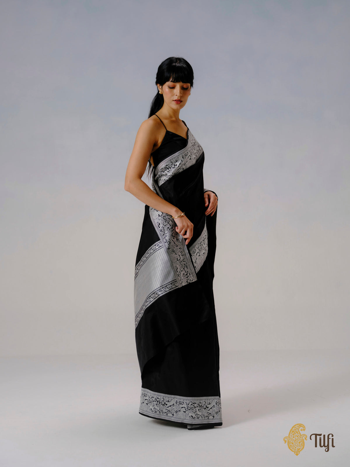 'The Canopy' Black Pure Katan Silk Banarasi Shikargah Handloom Saree