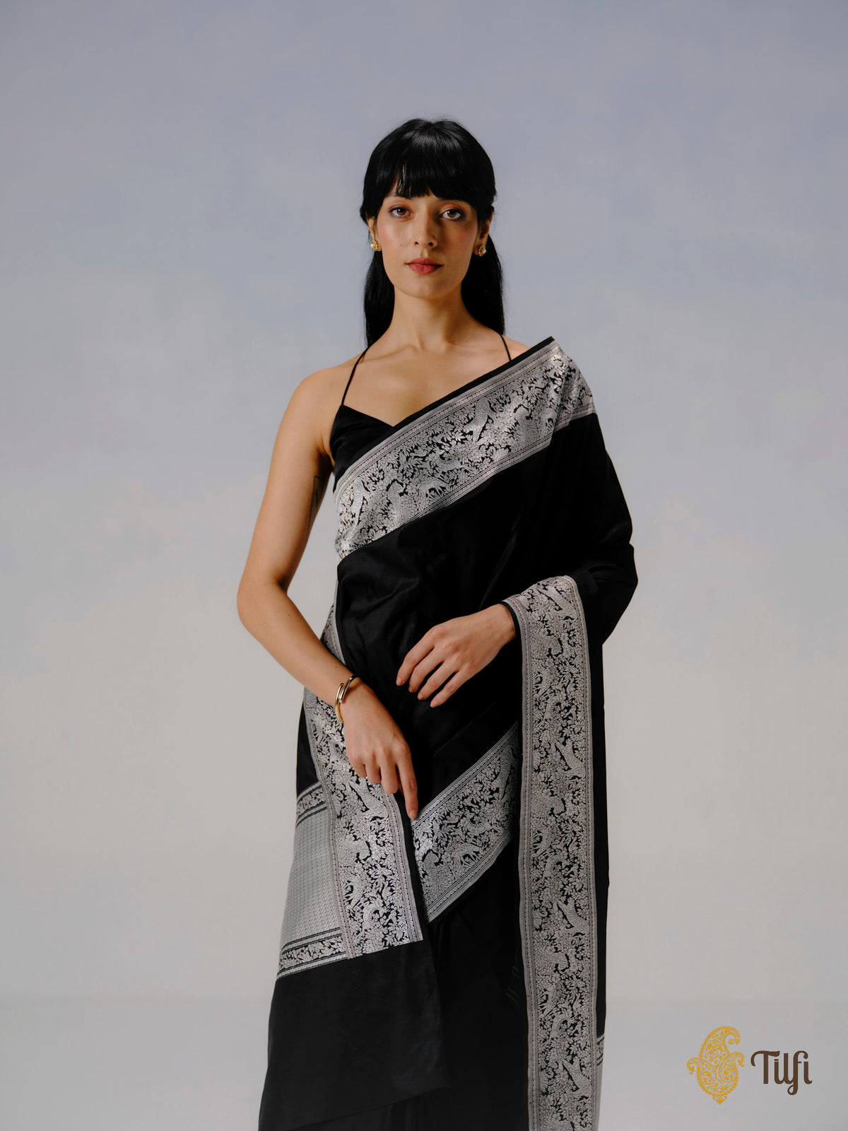 'The Canopy' Black Pure Katan Silk Banarasi Shikargah Handloom Saree