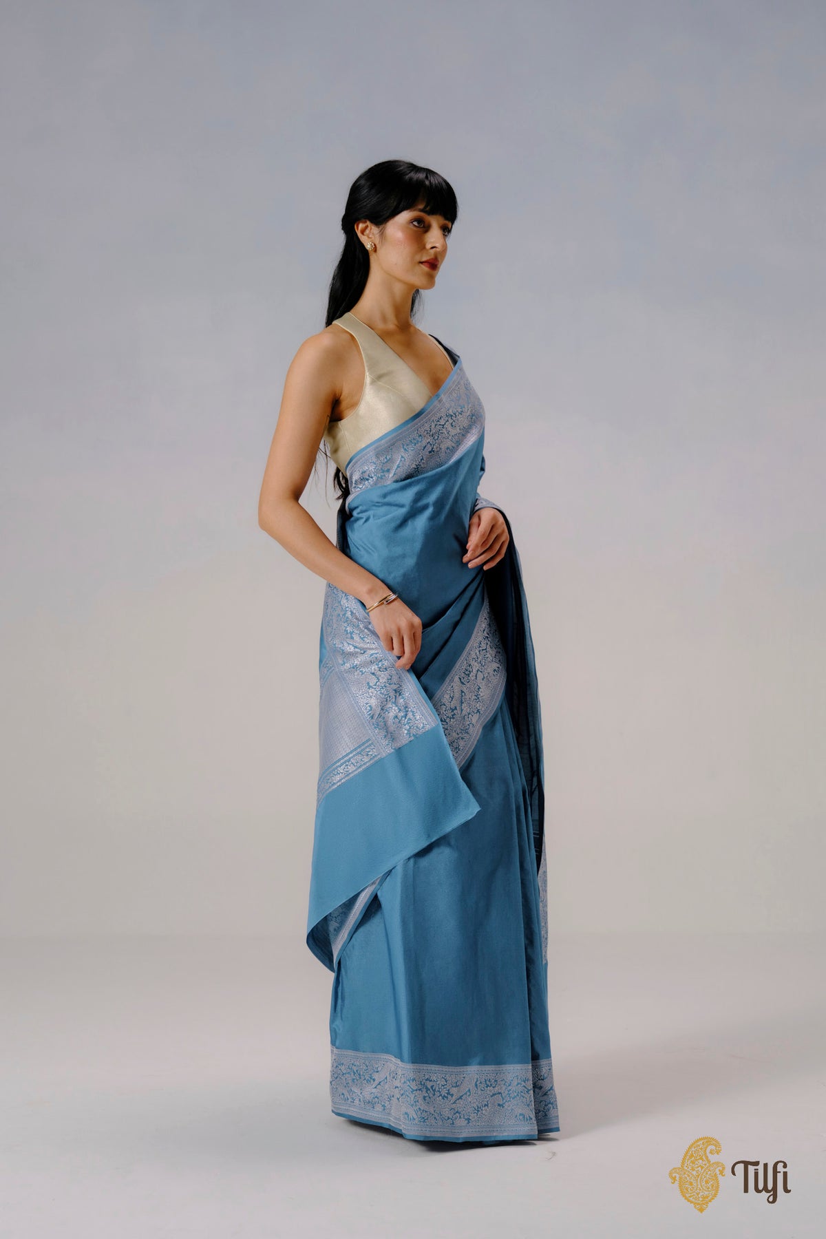 Pre-Order: 'The Canopy' Blue Pure Katan Silk Banarasi Shikargah Handloom Saree