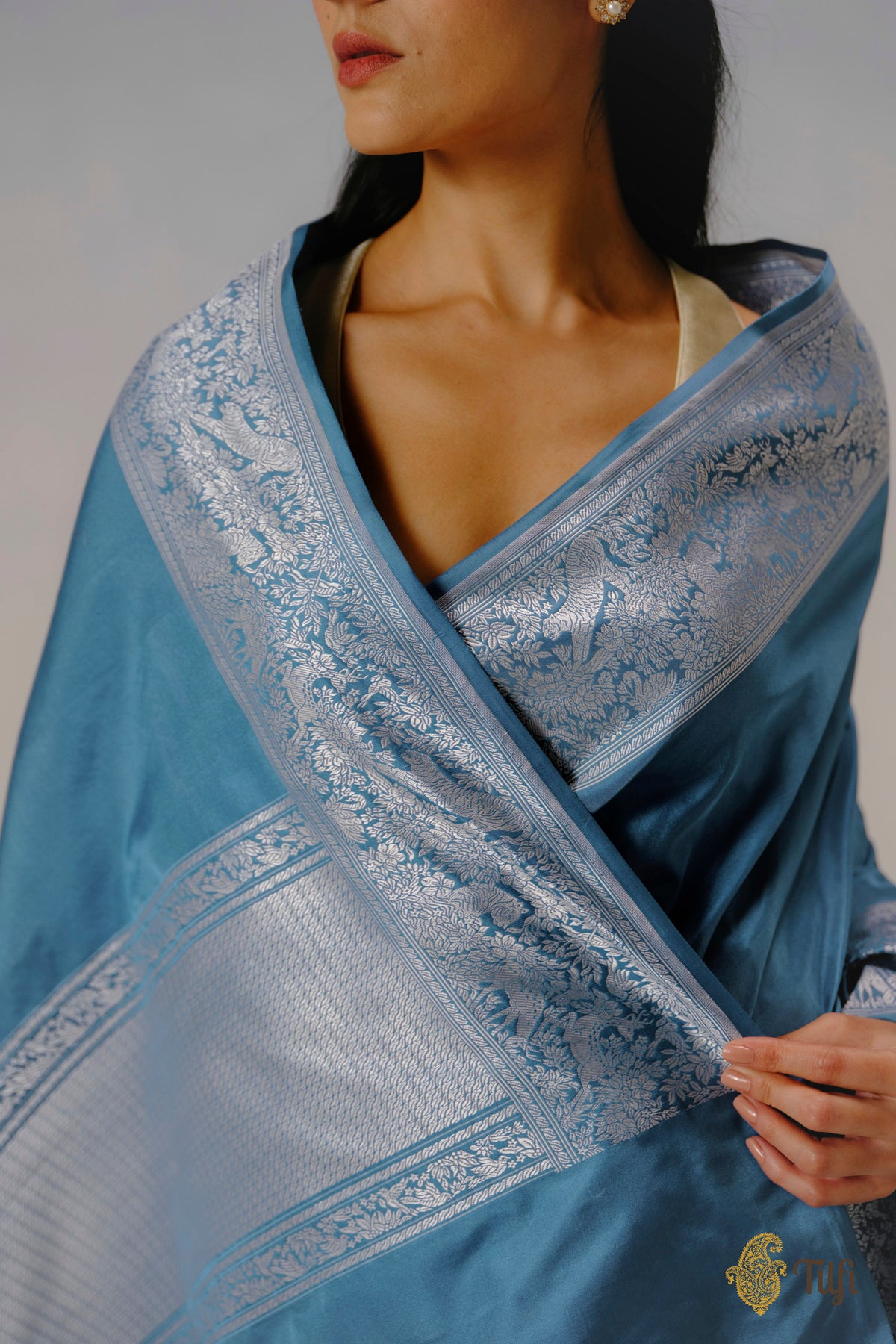 Pre-Order: 'The Canopy' Blue Pure Katan Silk Banarasi Shikargah Handloom Saree
