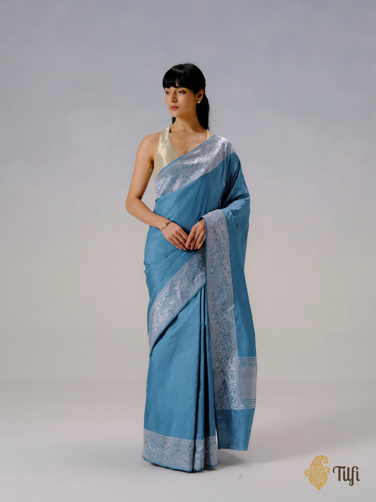 Pre-Order: 'The Canopy' Blue Pure Katan Silk Banarasi Shikargah Handloom Saree