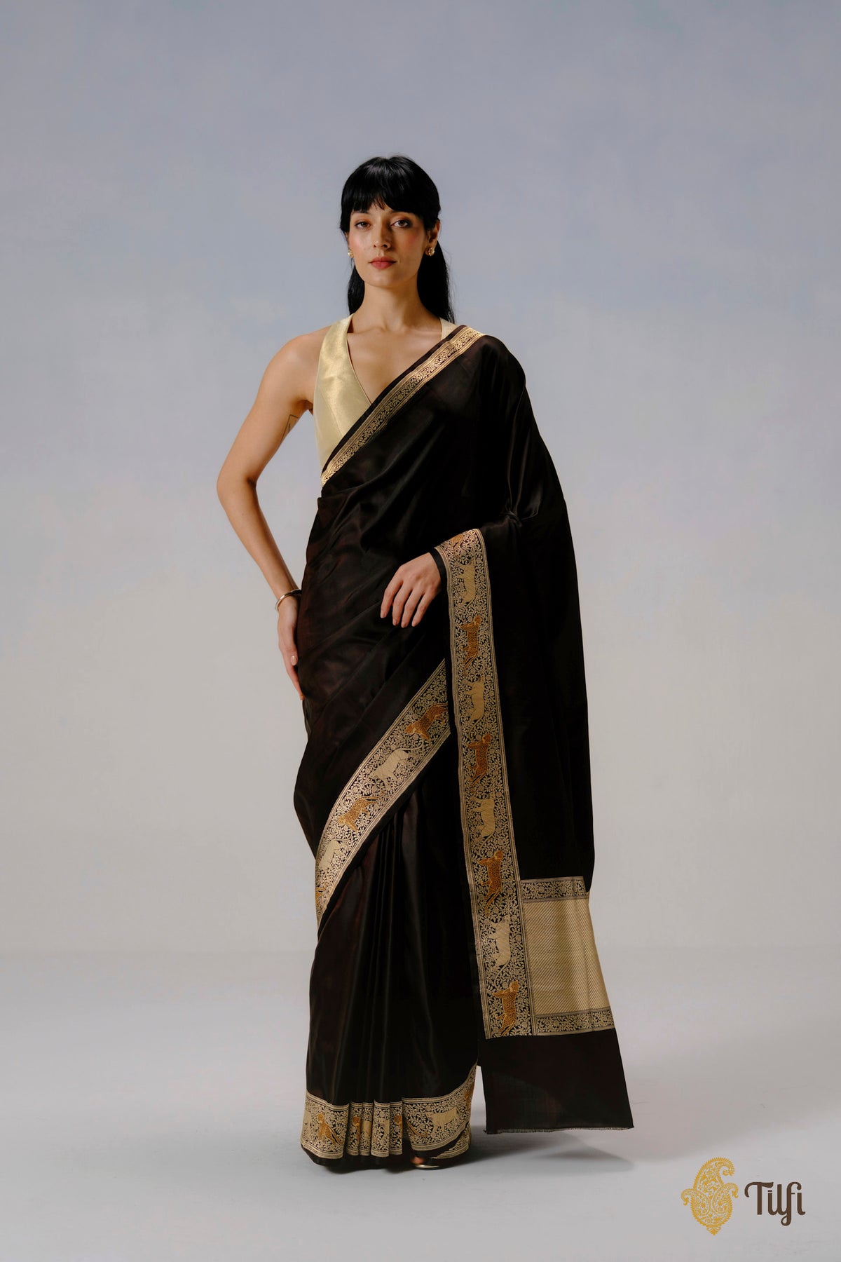 Pre-Order: 'Panther Trail' Black-Brown Pure Satin Silk Banarasi Shikargah Handloom Saree