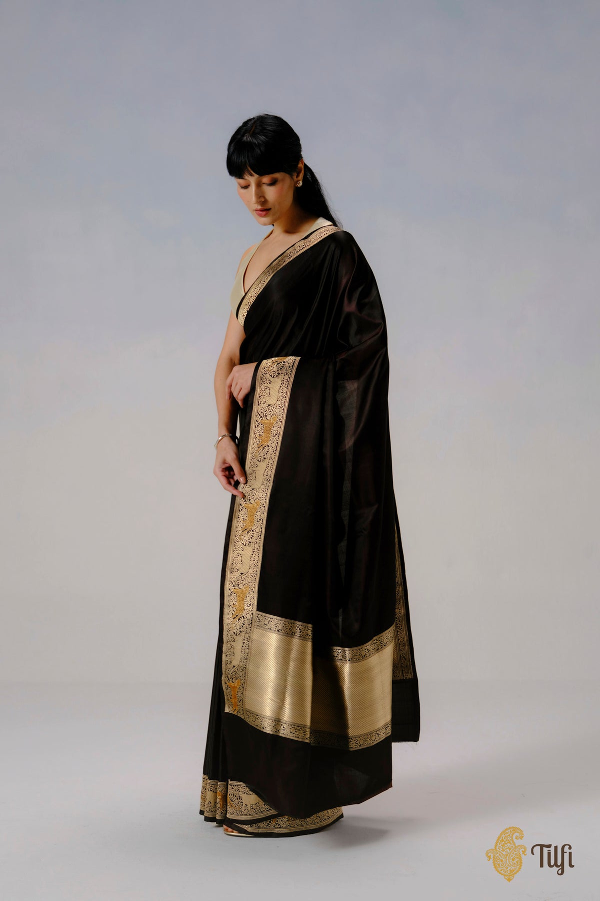 Pre-Order: 'Panther Trail' Black-Brown Pure Satin Silk Banarasi Shikargah Handloom Saree