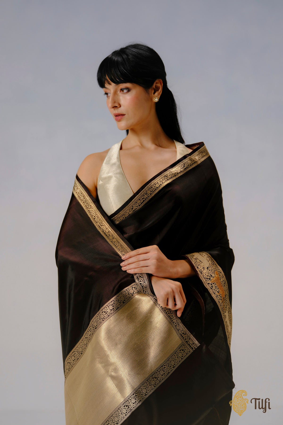 Pre-Order: 'Panther Trail' Black-Brown Pure Satin Silk Banarasi Shikargah Handloom Saree