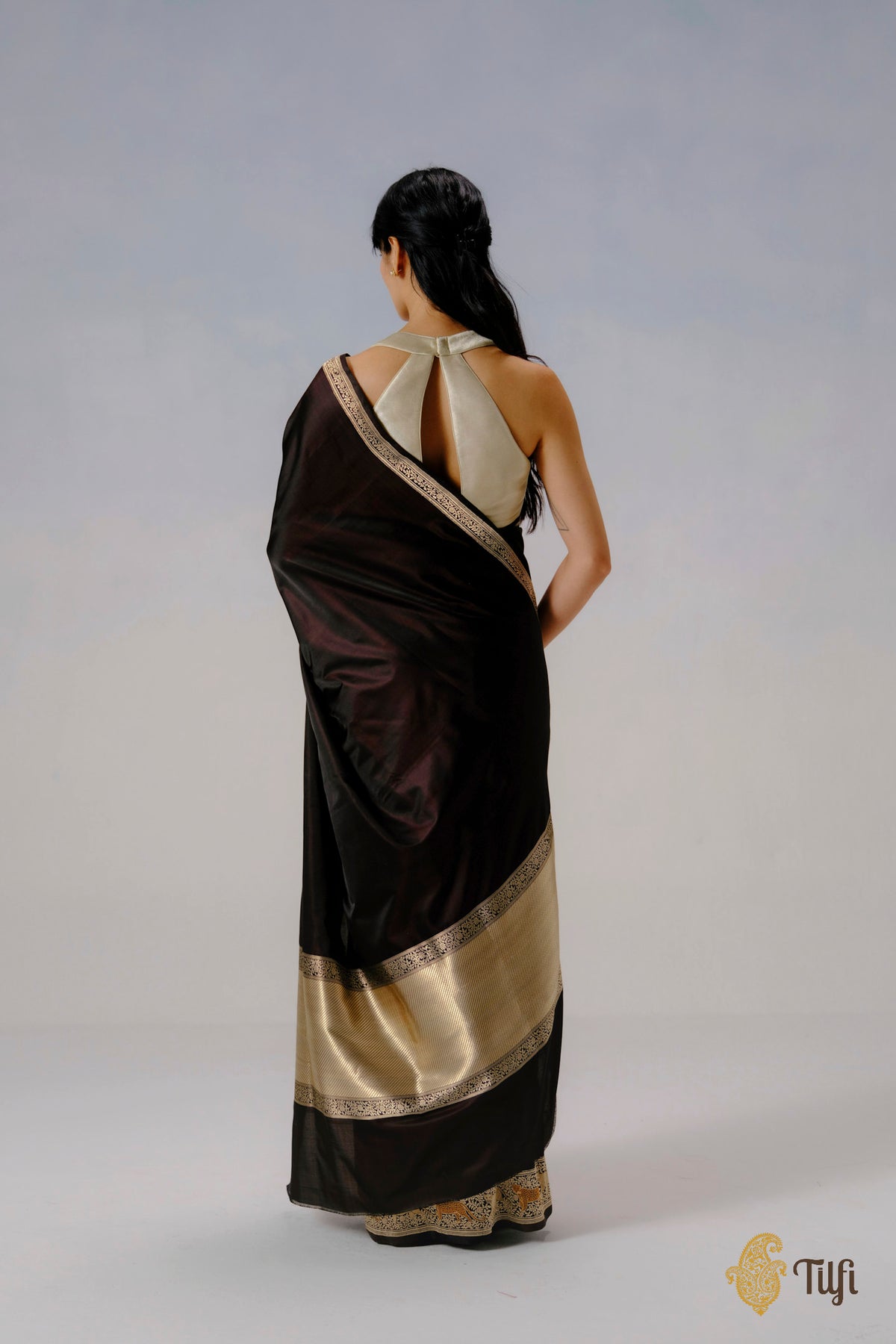 Pre-Order: 'Panther Trail' Black-Brown Pure Satin Silk Banarasi Shikargah Handloom Saree