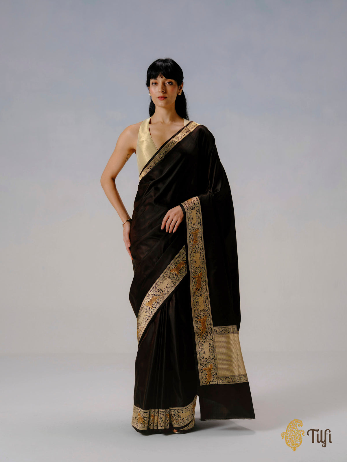 Pre-Order: 'Panther Trail' Black-Brown Pure Satin Silk Banarasi Shikargah Handloom Saree