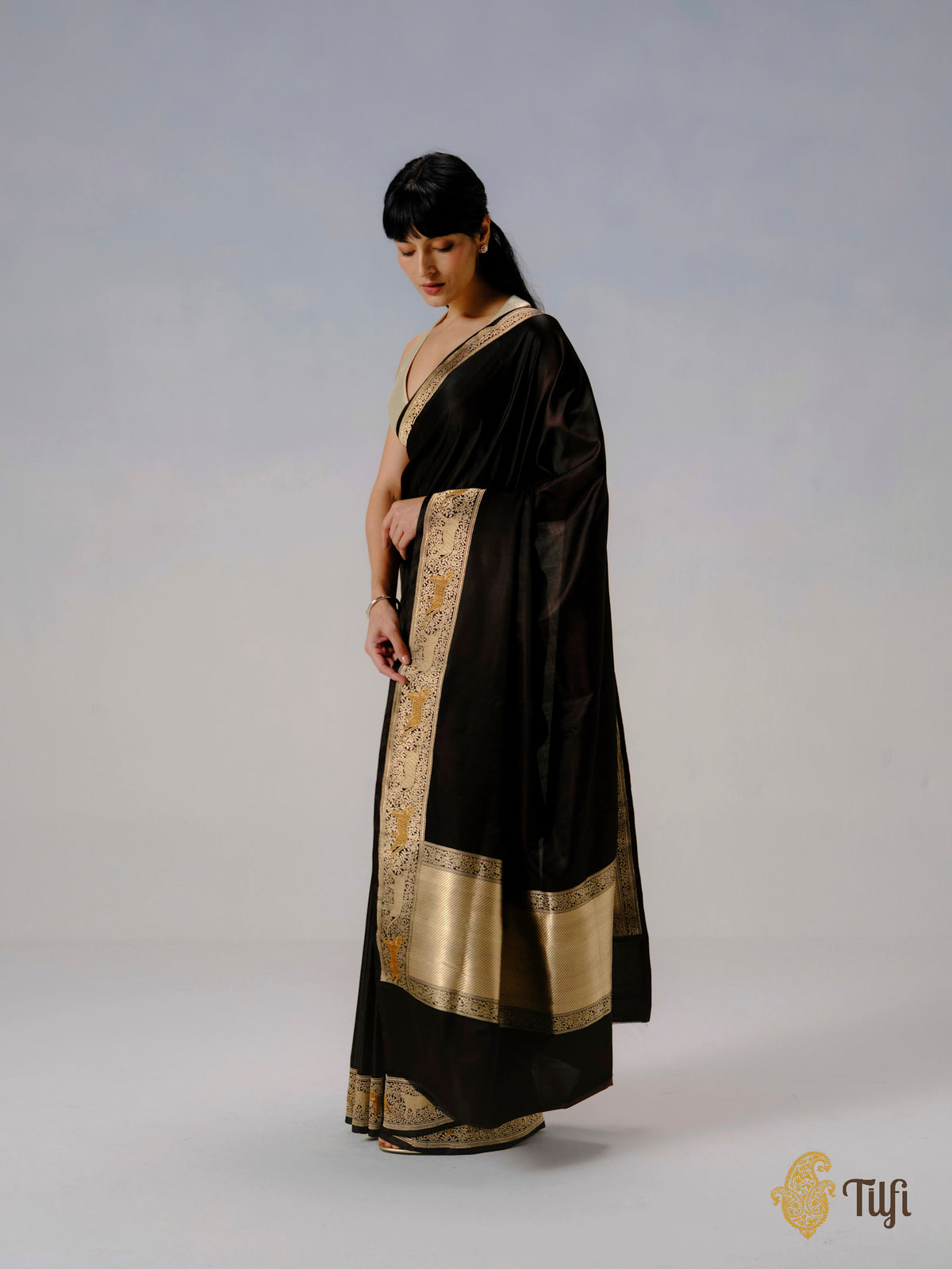 Pre-Order: 'Panther Trail' Black-Brown Pure Satin Silk Banarasi Shikargah Handloom Saree