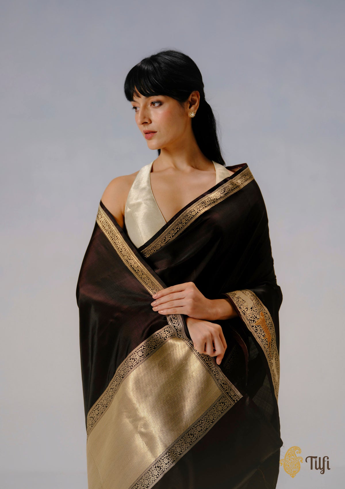 Pre-Order: 'Panther Trail' Black-Brown Pure Satin Silk Banarasi Shikargah Handloom Saree