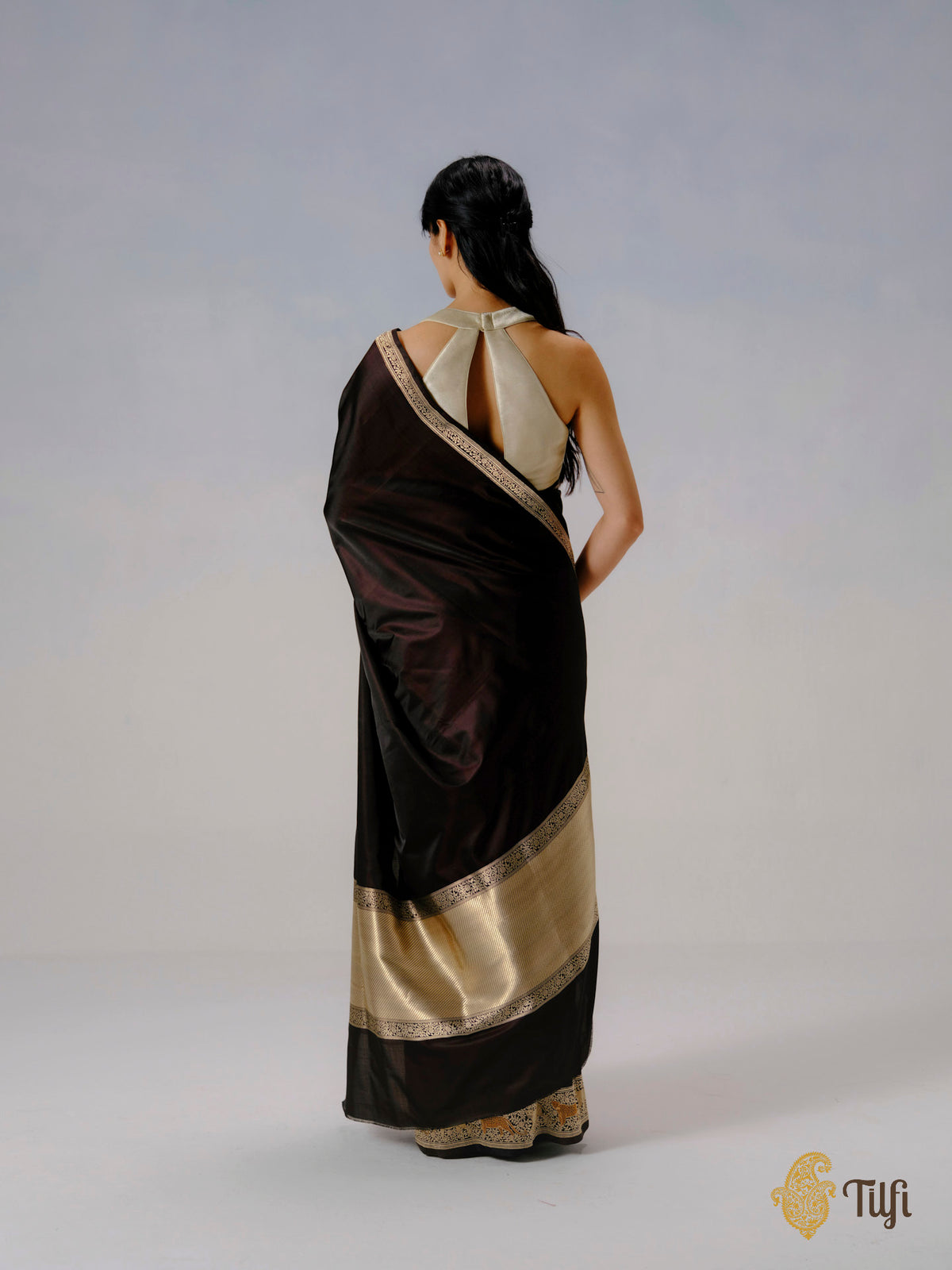Pre-Order: 'Panther Trail' Black-Brown Pure Satin Silk Banarasi Shikargah Handloom Saree