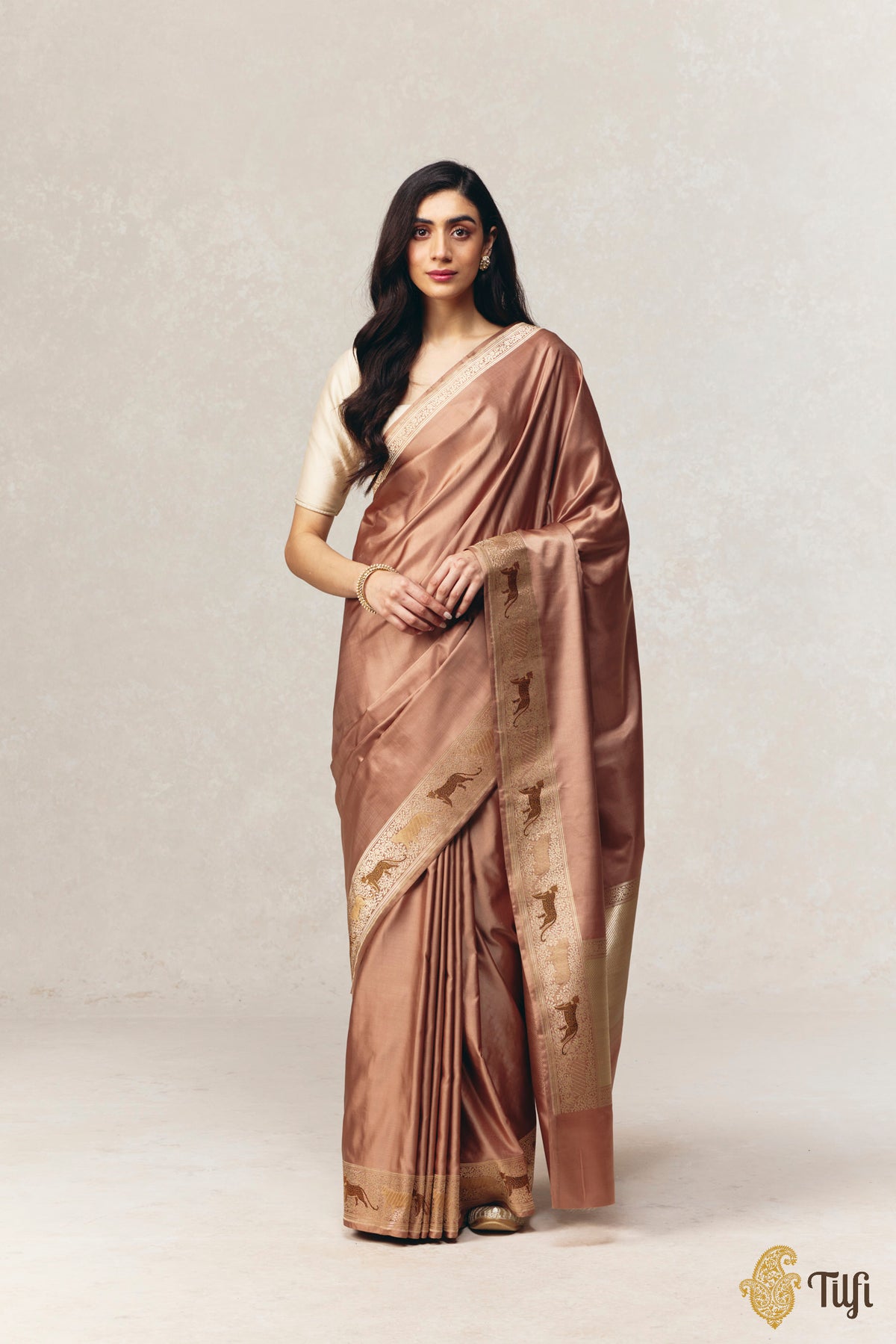 'Panther Trail' Brown Pure Satin Silk Banarasi Shikargah Handloom Saree