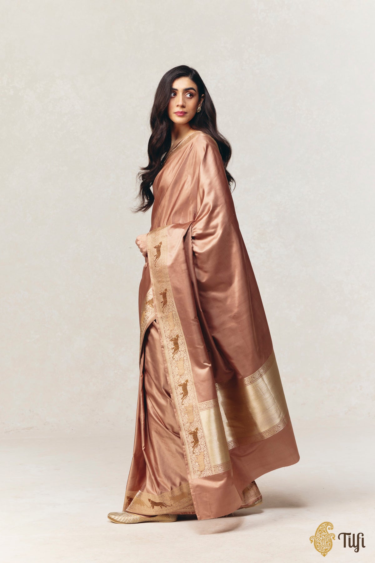 'Panther Trail' Brown Pure Satin Silk Banarasi Shikargah Handloom Saree