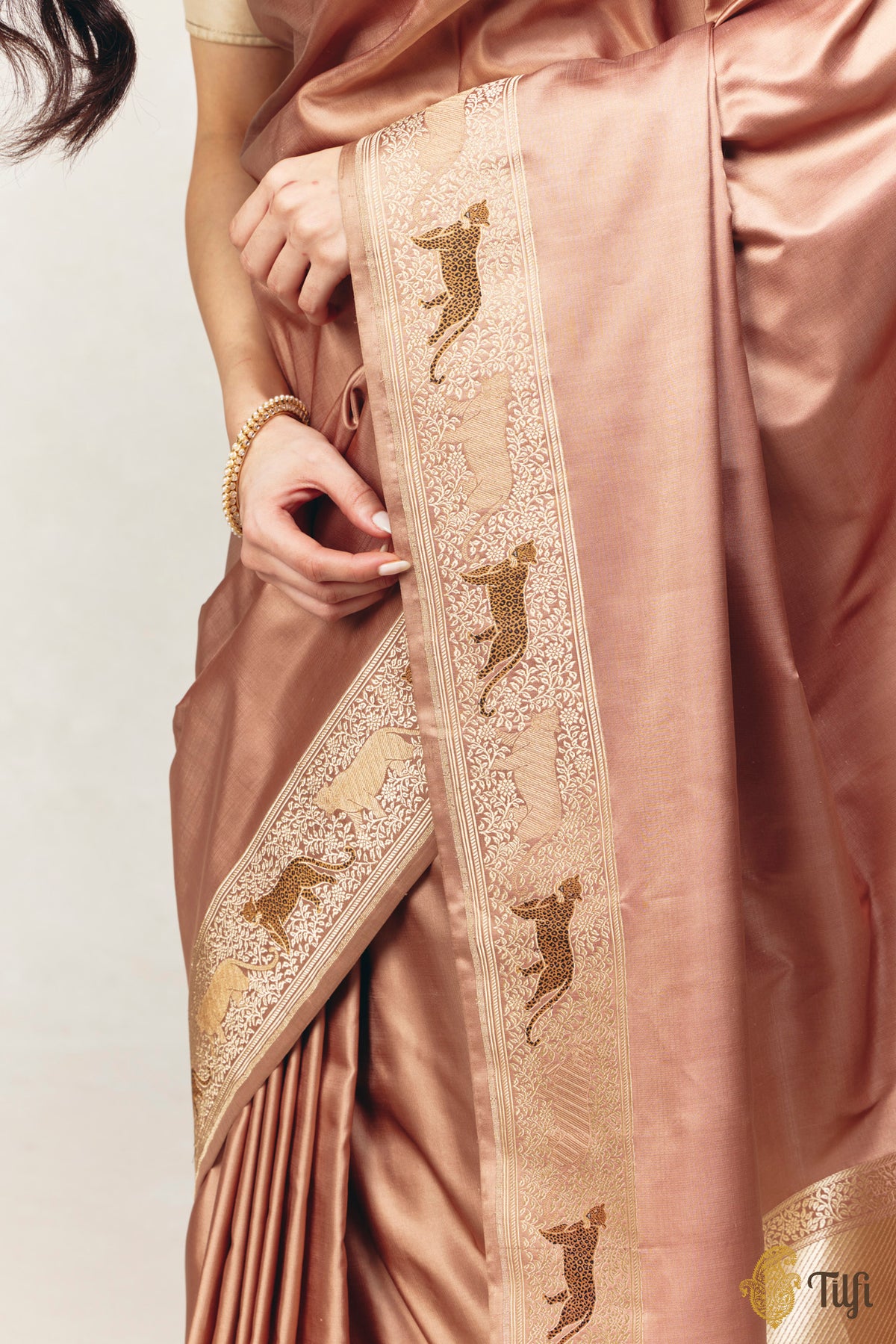 'Panther Trail' Brown Pure Satin Silk Banarasi Shikargah Handloom Saree