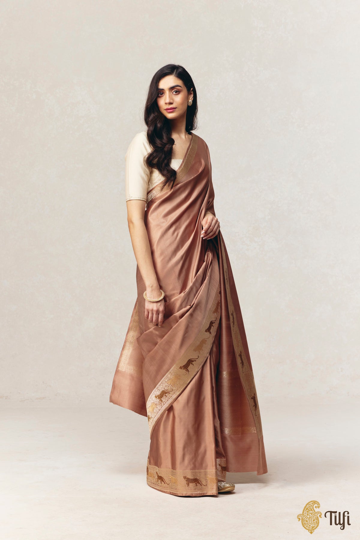 'Panther Trail' Brown Pure Satin Silk Banarasi Shikargah Handloom Saree