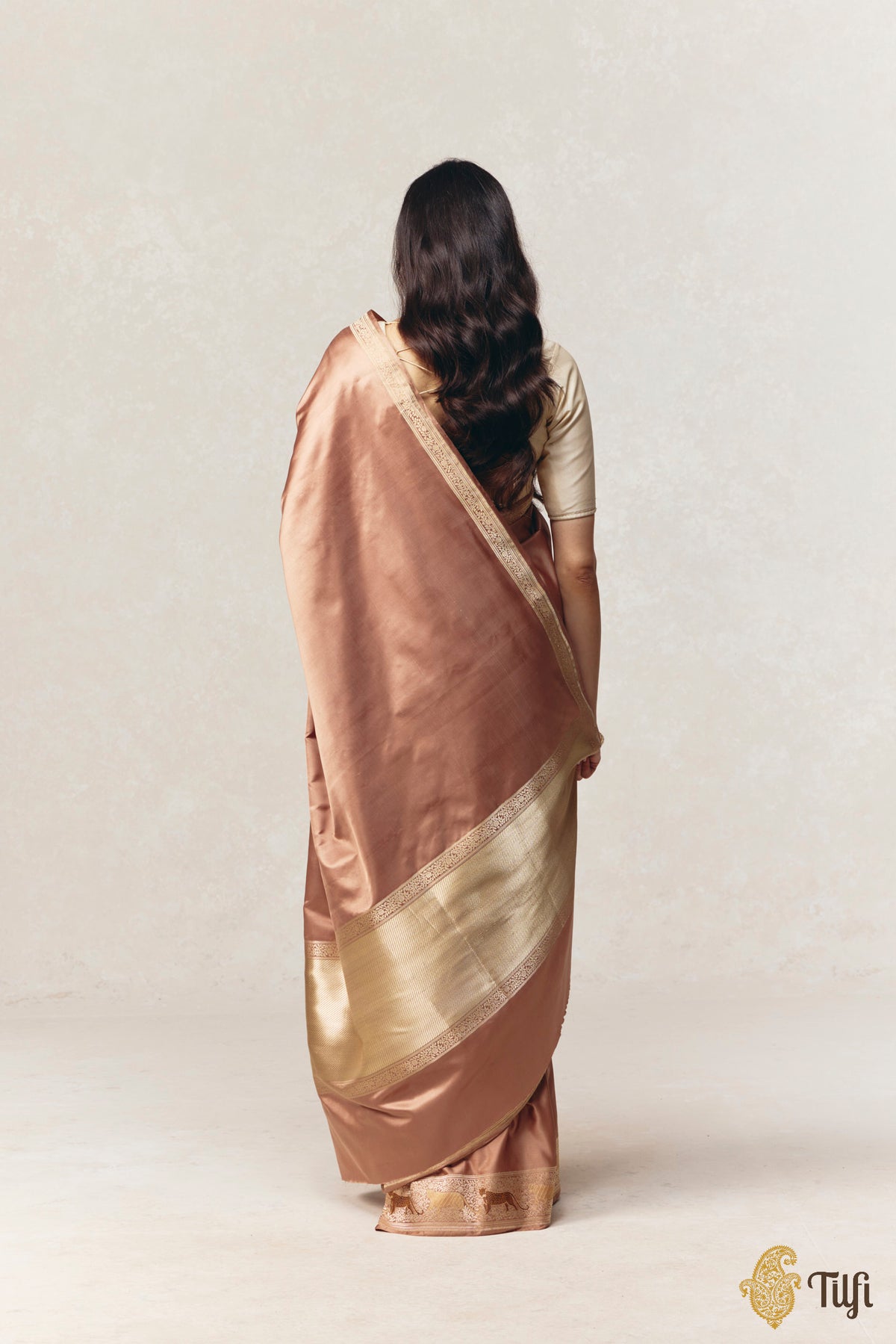 'Panther Trail' Brown Pure Satin Silk Banarasi Shikargah Handloom Saree