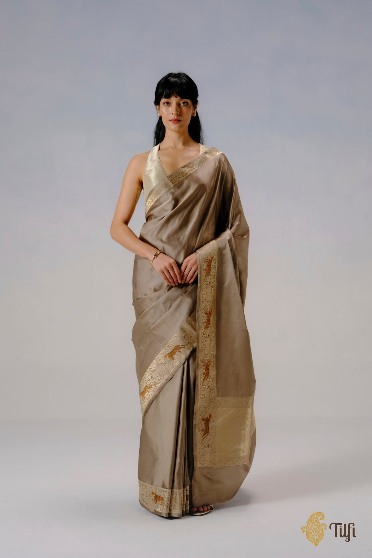 'Panther Trail' Taupe Grey Pure Satin Silk Banarasi Shikargah Handloom Saree