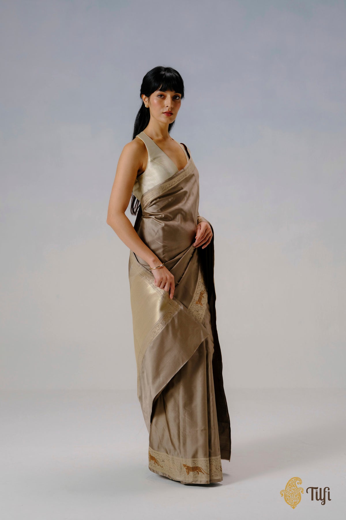 'Panther Trail' Taupe Grey Pure Satin Silk Banarasi Shikargah Handloom Saree