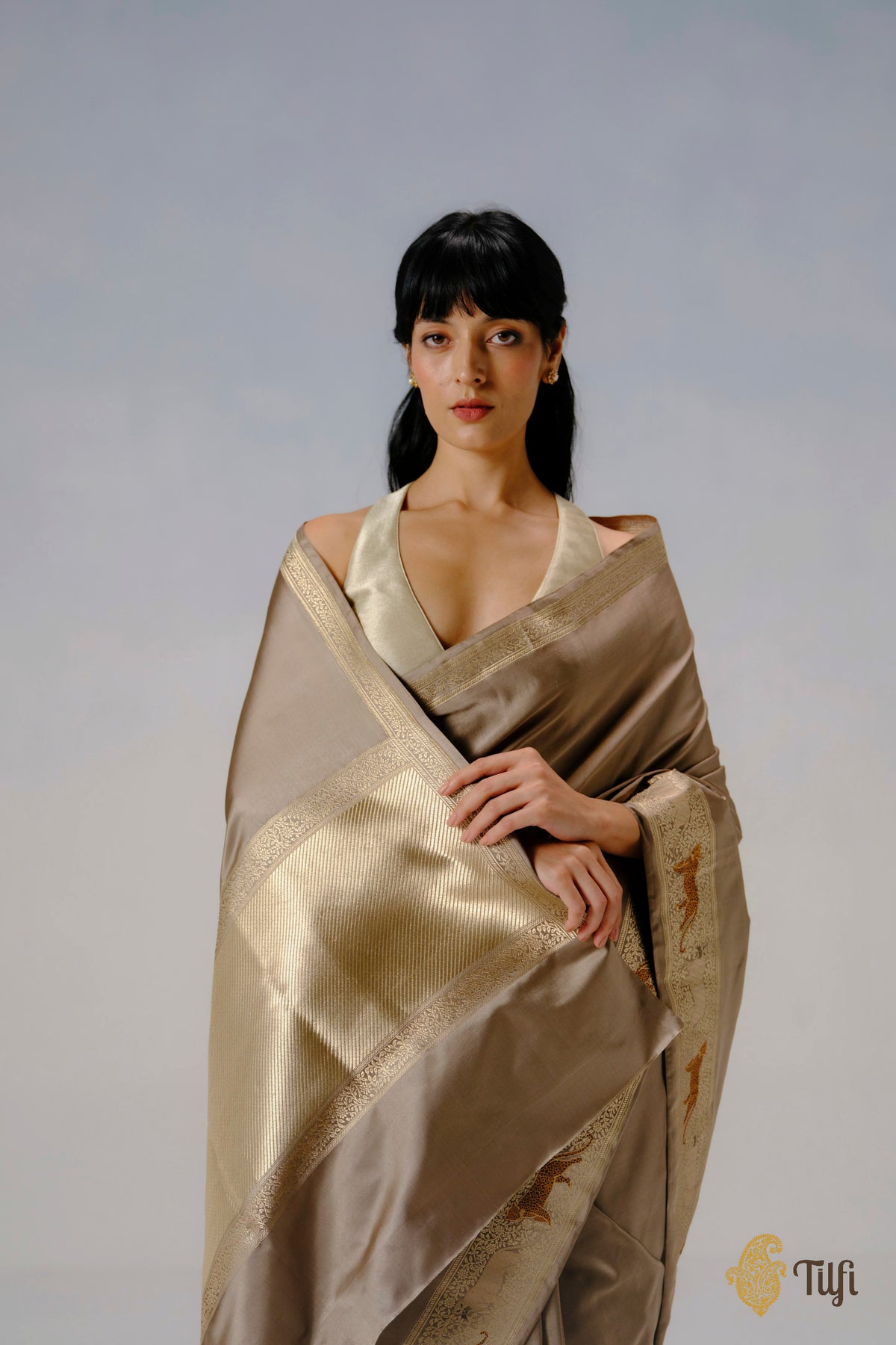'Panther Trail' Taupe Grey Pure Satin Silk Banarasi Shikargah Handloom Saree