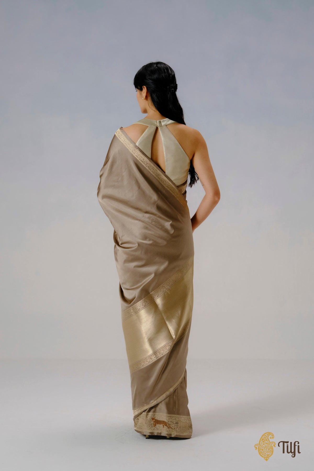 'Panther Trail' Taupe Grey Pure Satin Silk Banarasi Shikargah Handloom Saree