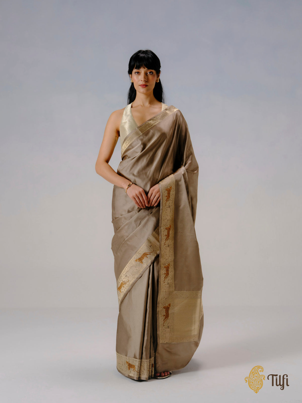 'Panther Trail' Taupe Grey Pure Satin Silk Banarasi Shikargah Handloom Saree