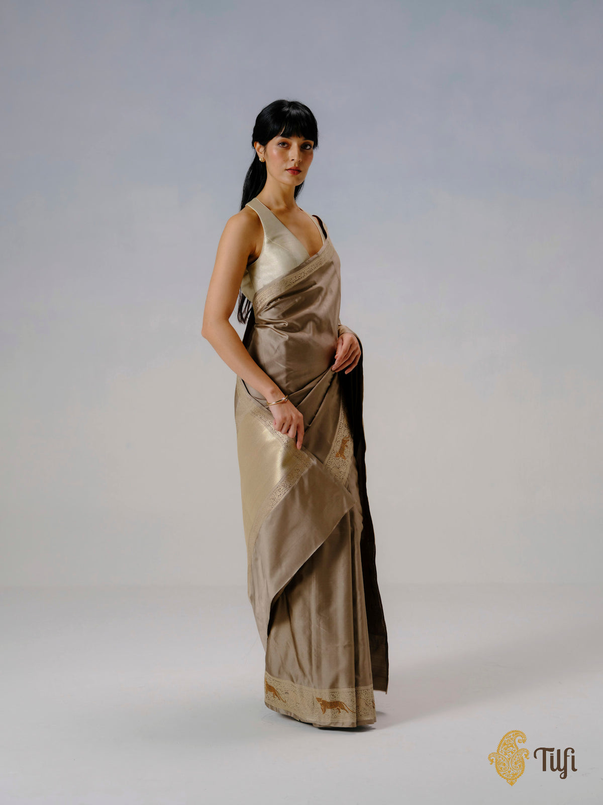 'Panther Trail' Taupe Grey Pure Satin Silk Banarasi Shikargah Handloom Saree