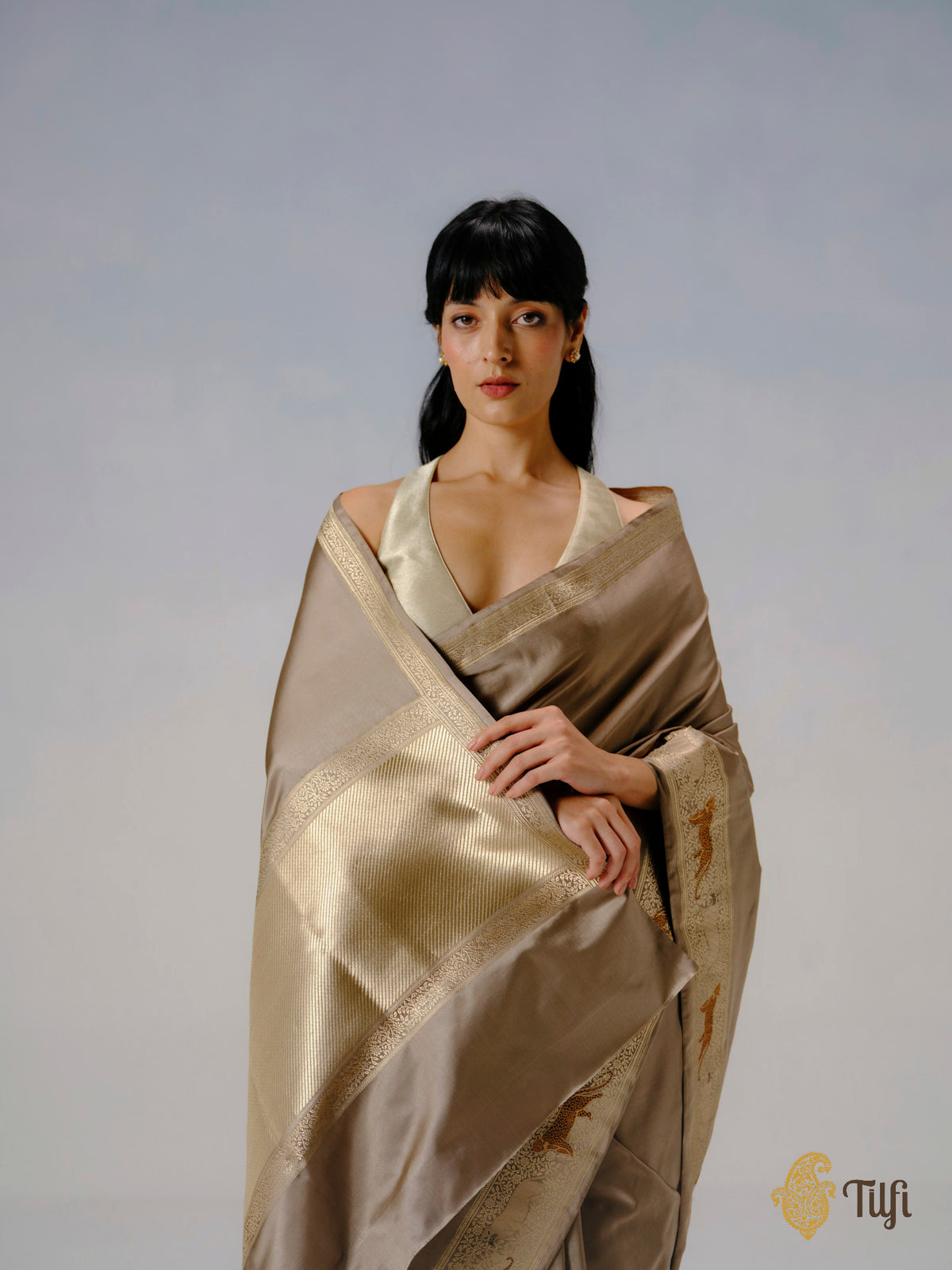 'Panther Trail' Taupe Grey Pure Satin Silk Banarasi Shikargah Handloom Saree