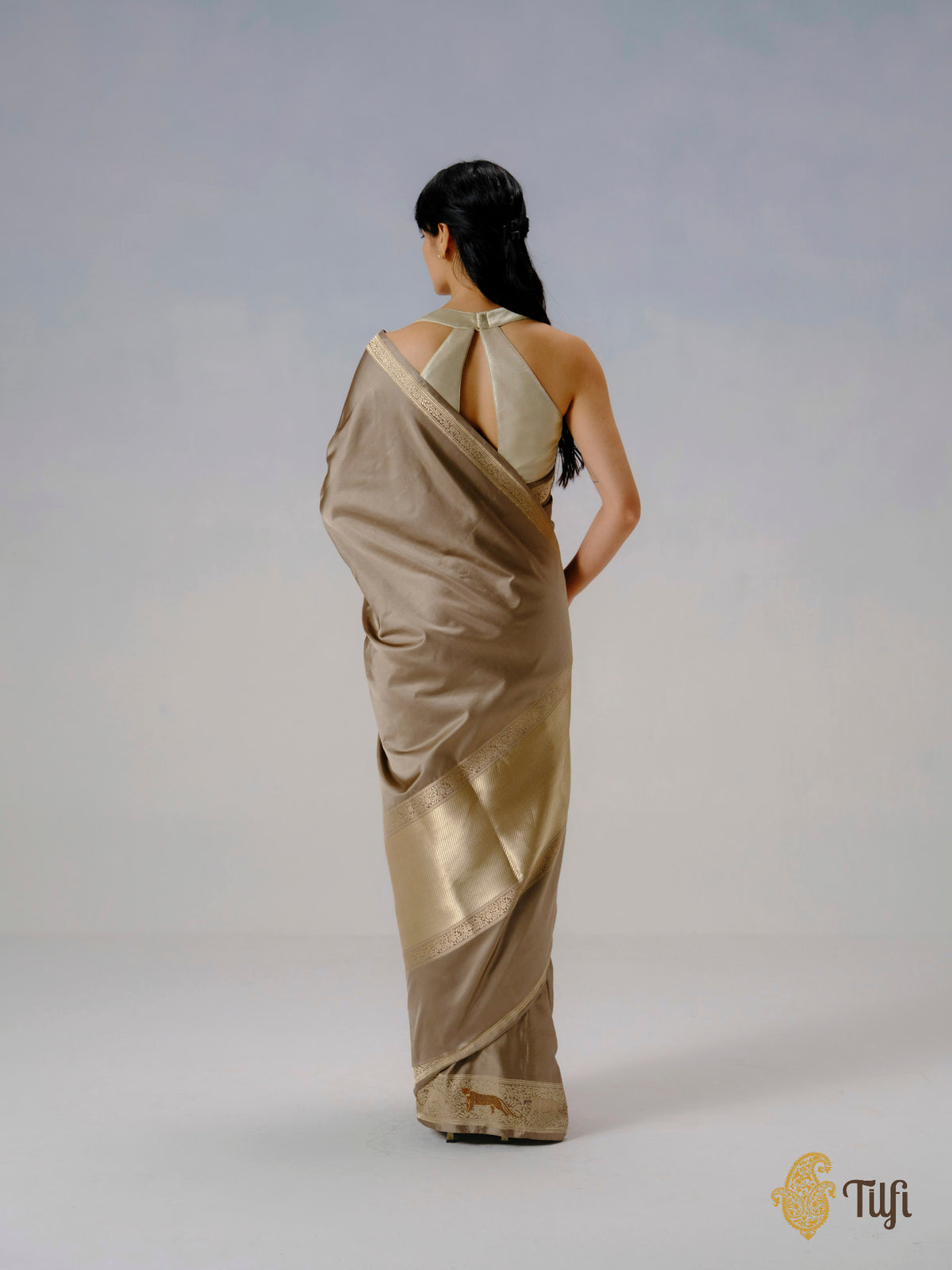 'Panther Trail' Taupe Grey Pure Satin Silk Banarasi Shikargah Handloom Saree