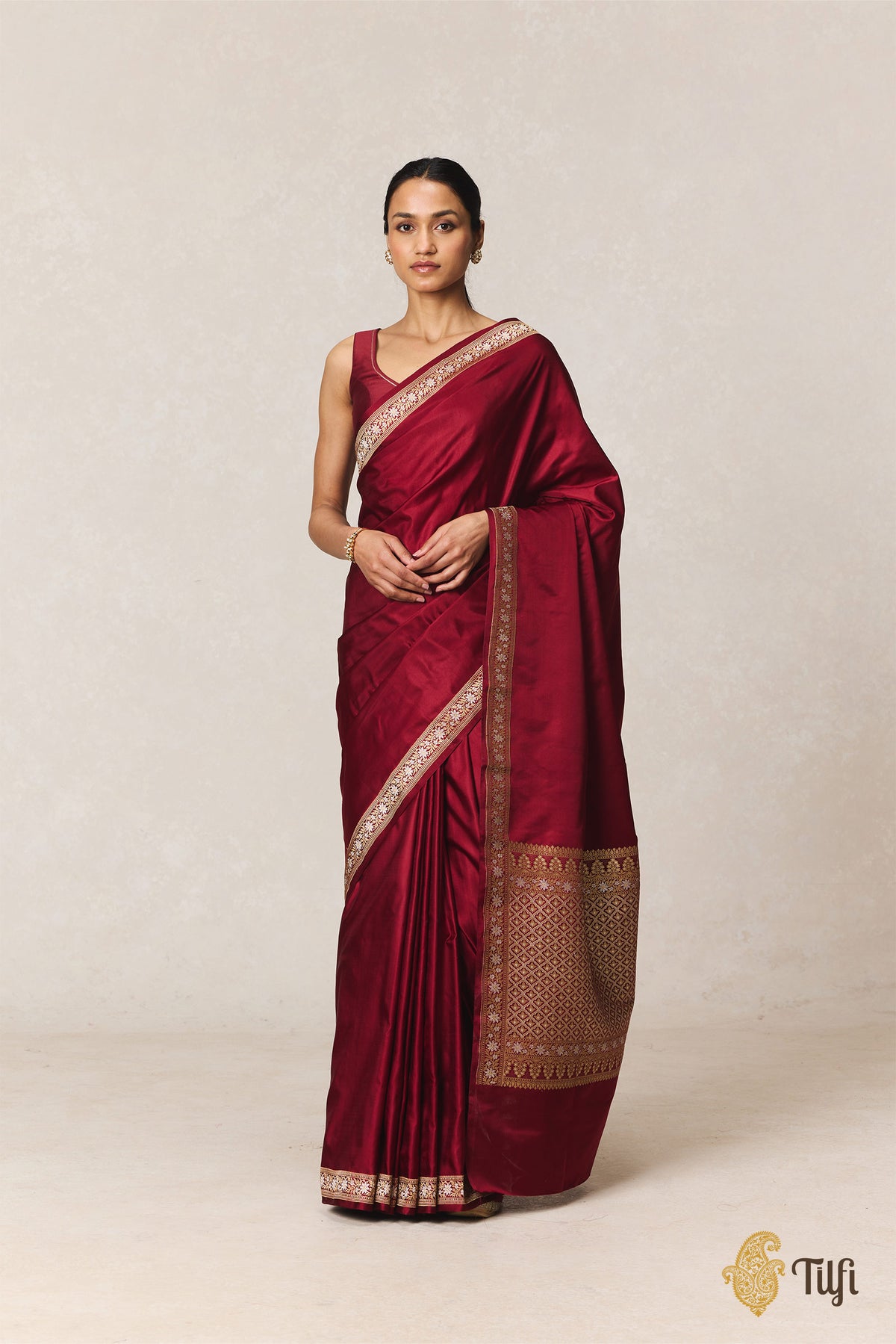'Maya' Deep Maroon Pure Soft Satin Silk Banarasi Handloom Saree